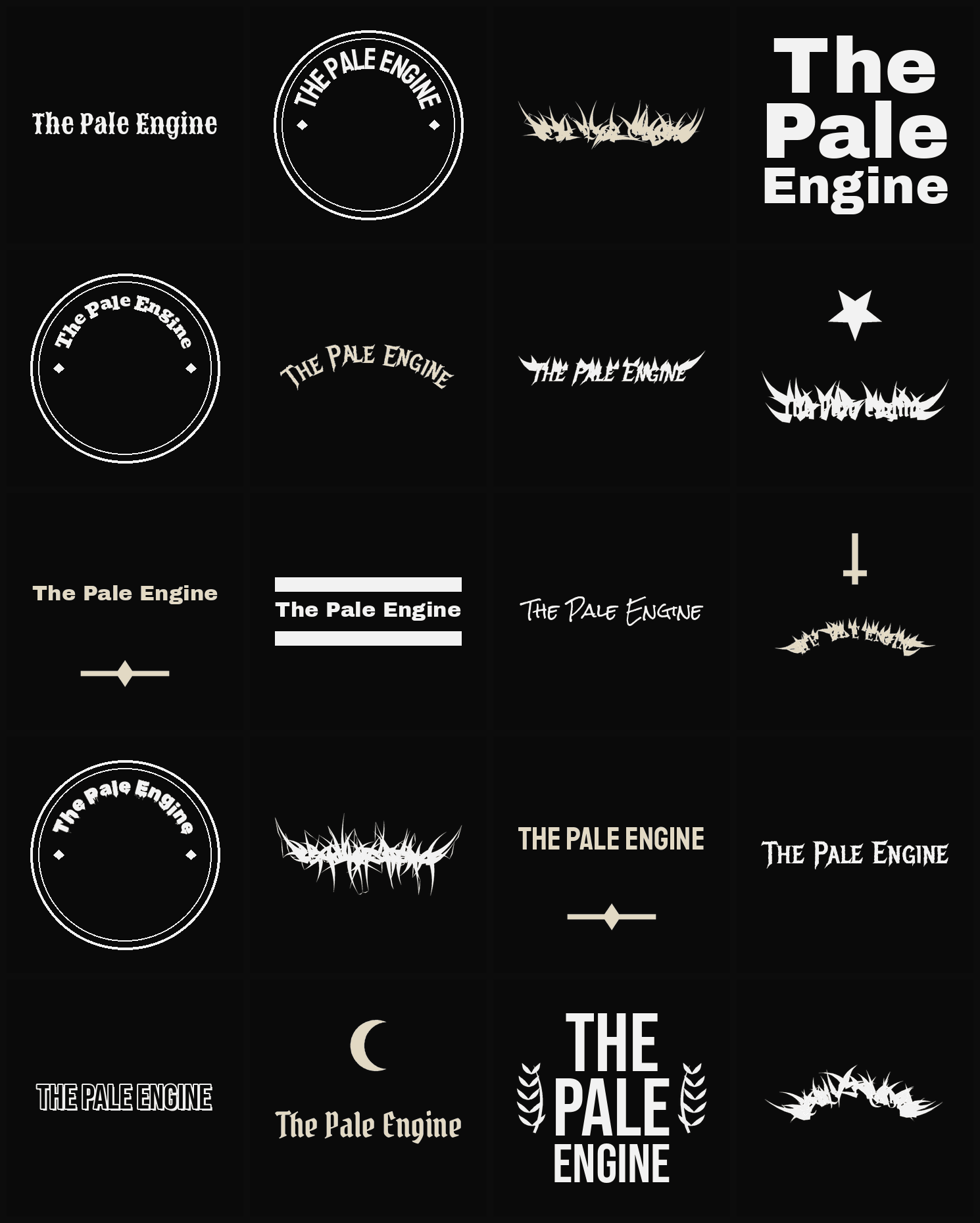 Twenty The Pale Engine band logo ideas — different faces, treatments and spike settings