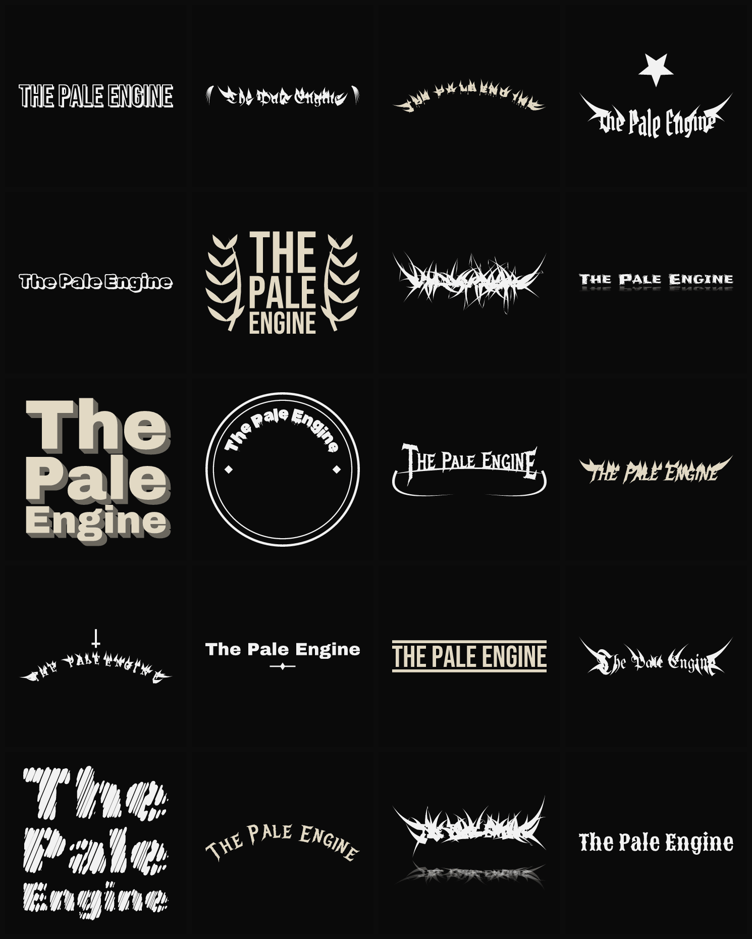 Twenty The Pale Engine band logo ideas — different faces, treatments and spike settings
