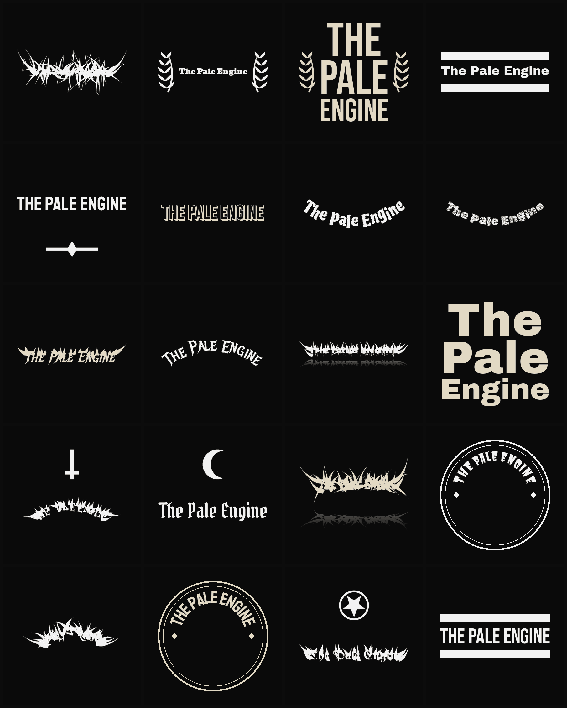 Twenty The Pale Engine band logo ideas — different faces, treatments and spike settings