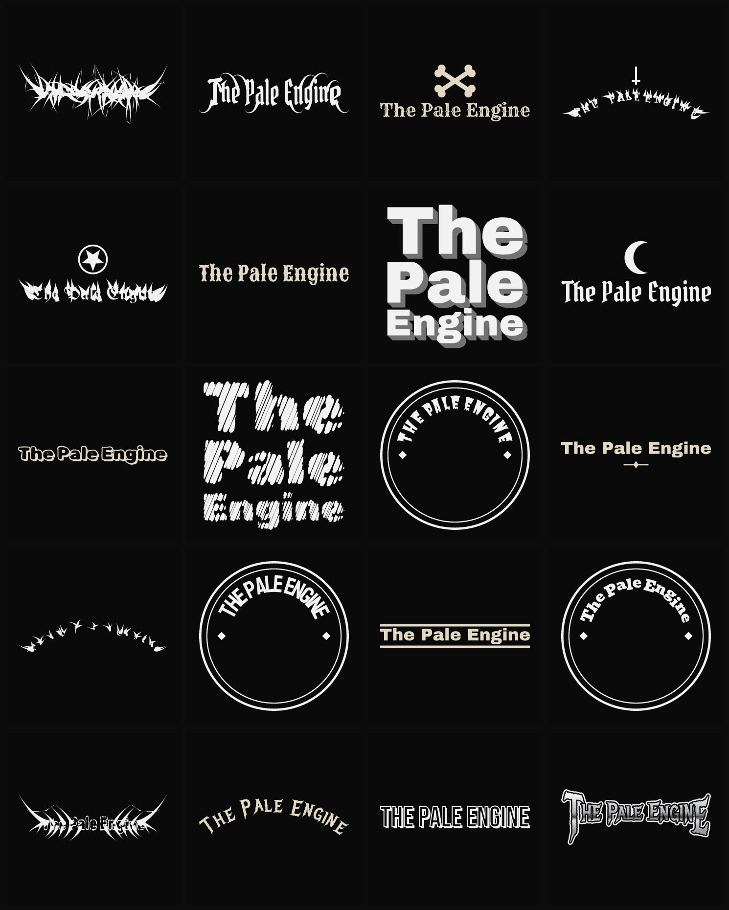 Twenty The Pale Engine band logo ideas — different faces, treatments and spike settings