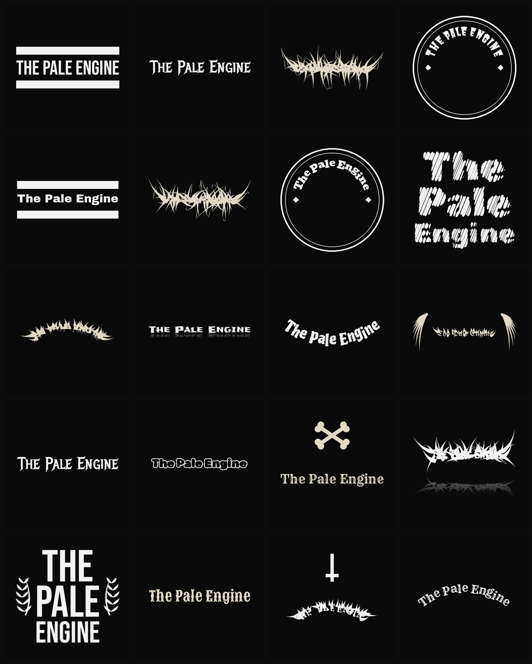 Twenty The Pale Engine band logo ideas — different faces, treatments and spike settings