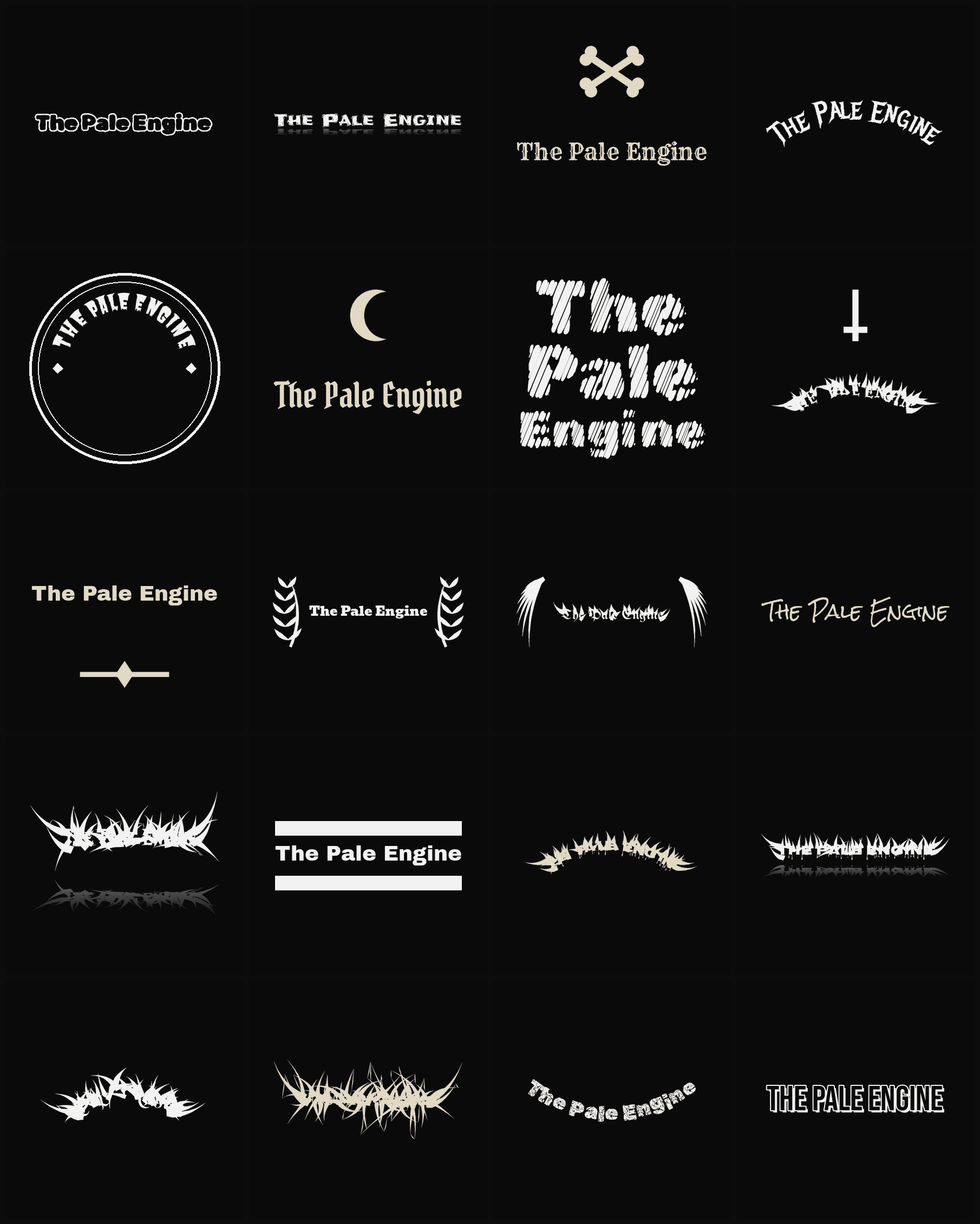 Twenty The Pale Engine band logo ideas — different faces, treatments and spike settings