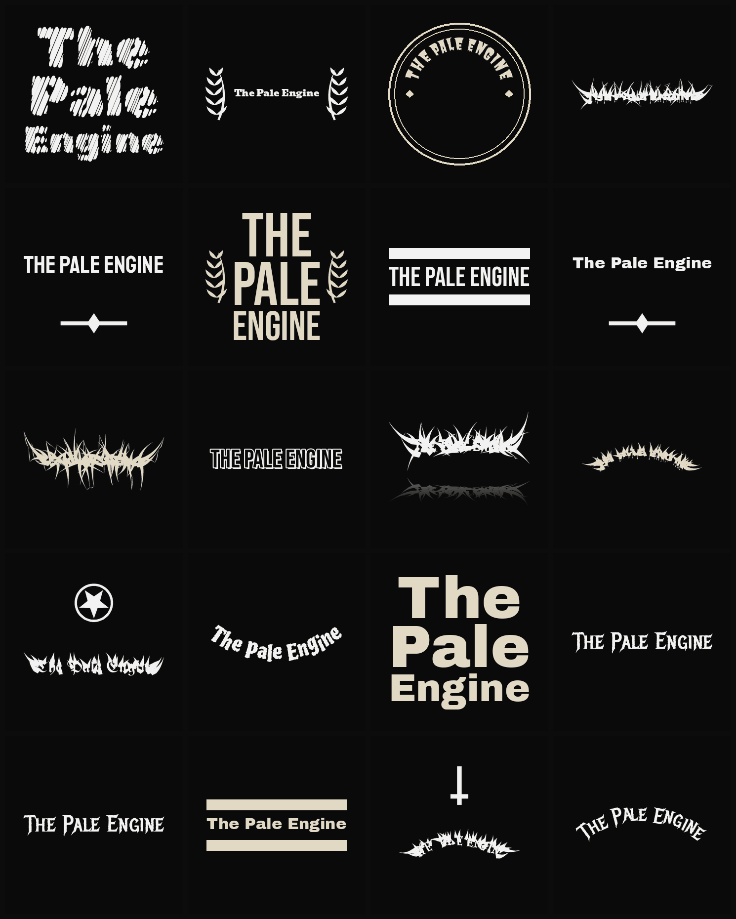 Twenty The Pale Engine band logo ideas — different faces, treatments and spike settings