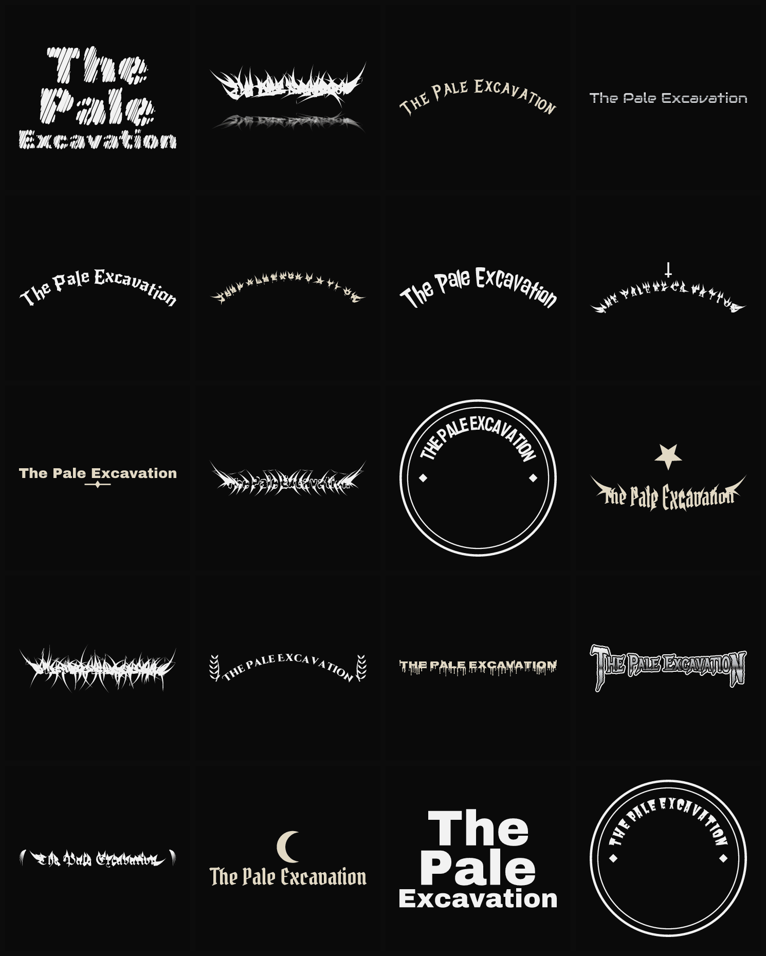 Twenty The Pale Excavation band logo ideas — different faces, treatments and spike settings
