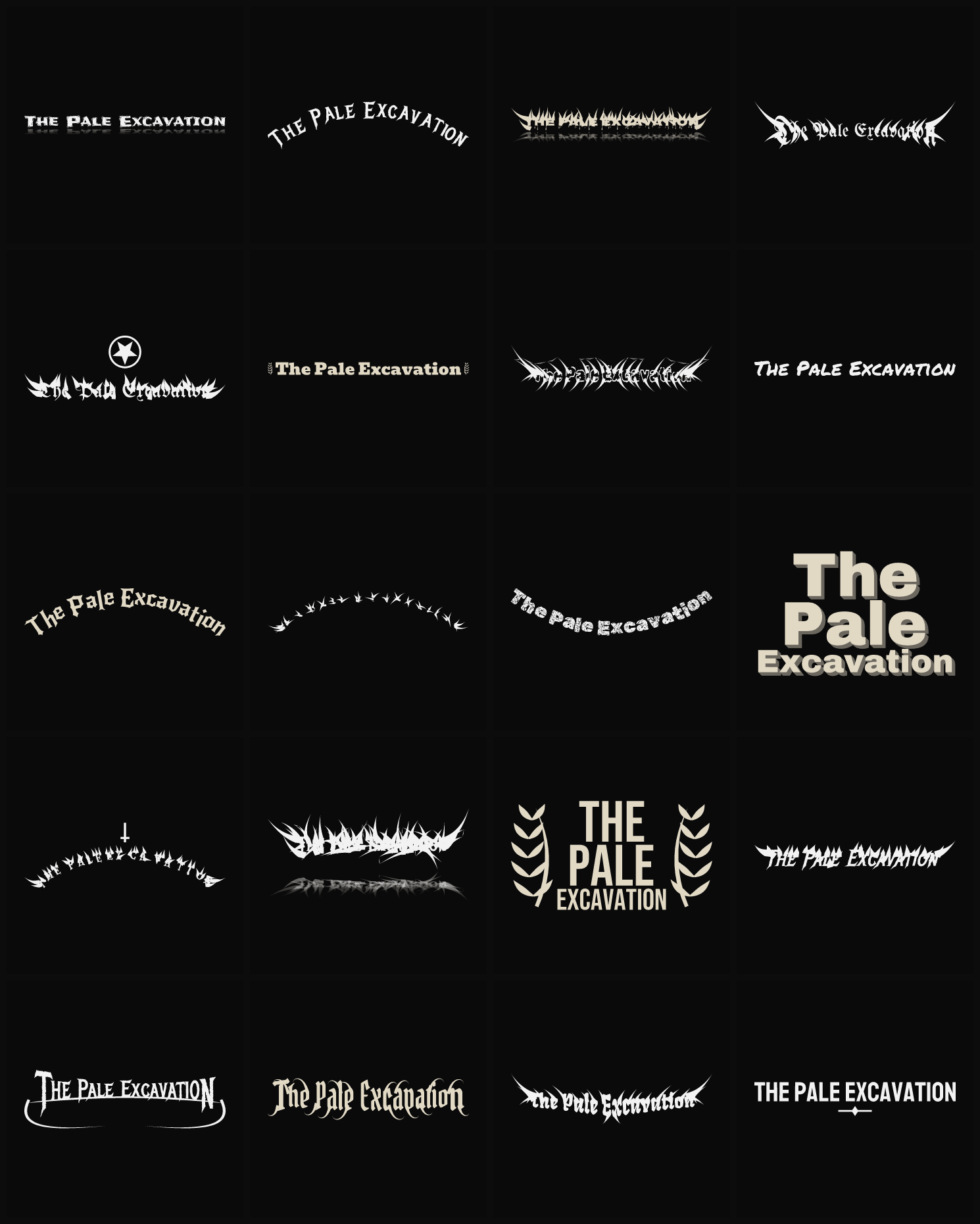Twenty The Pale Excavation band logo ideas — different faces, treatments and spike settings
