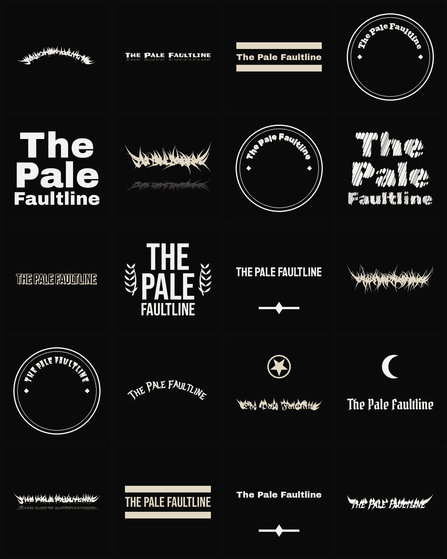 Twenty The Pale Faultline band logo ideas — different faces, treatments and spike settings