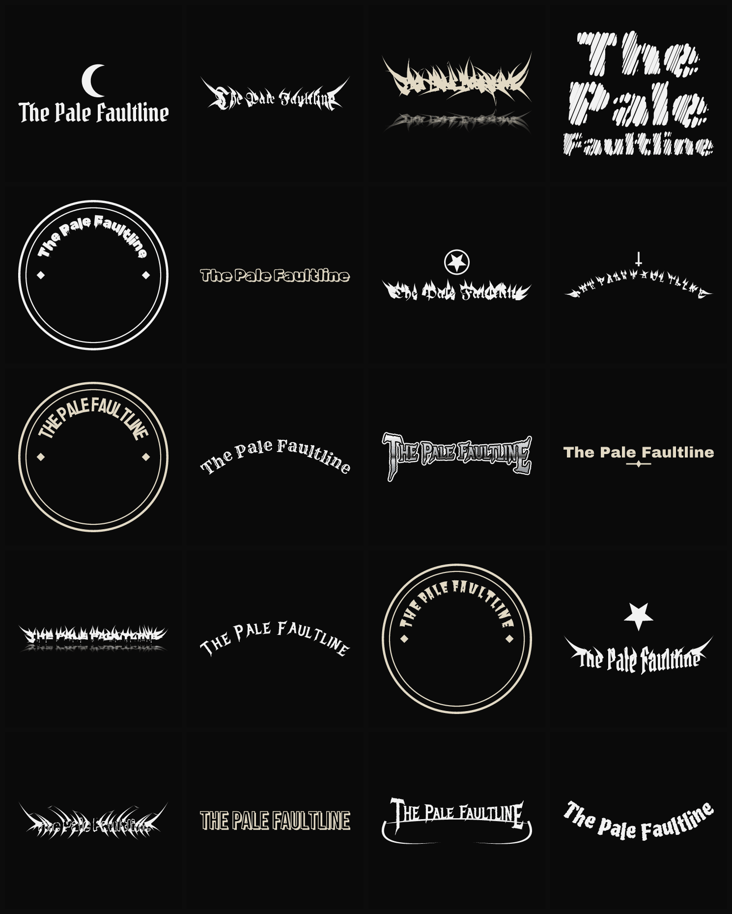 Twenty The Pale Faultline band logo ideas — different faces, treatments and spike settings