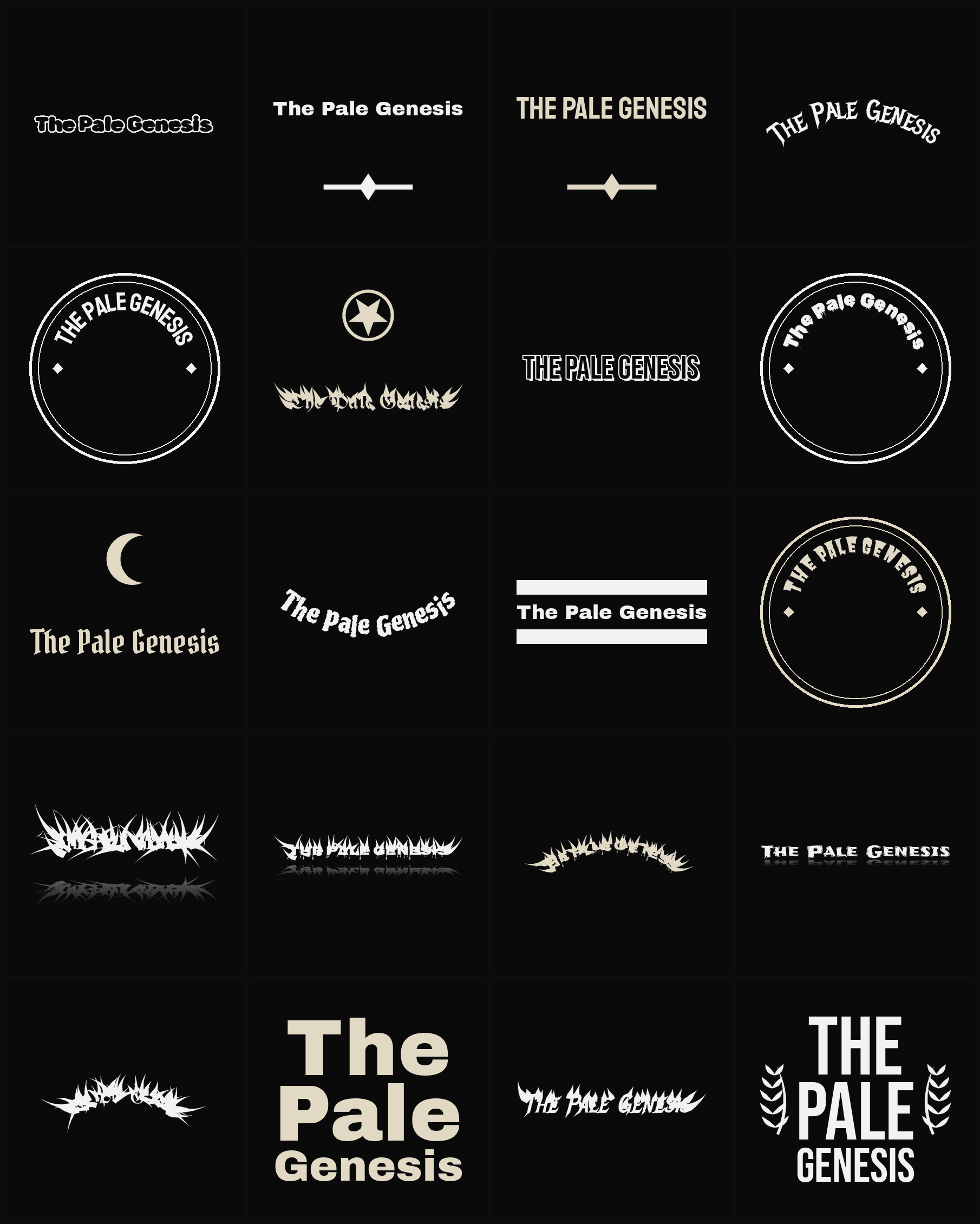 Twenty The Pale Genesis band logo ideas — different faces, treatments and spike settings