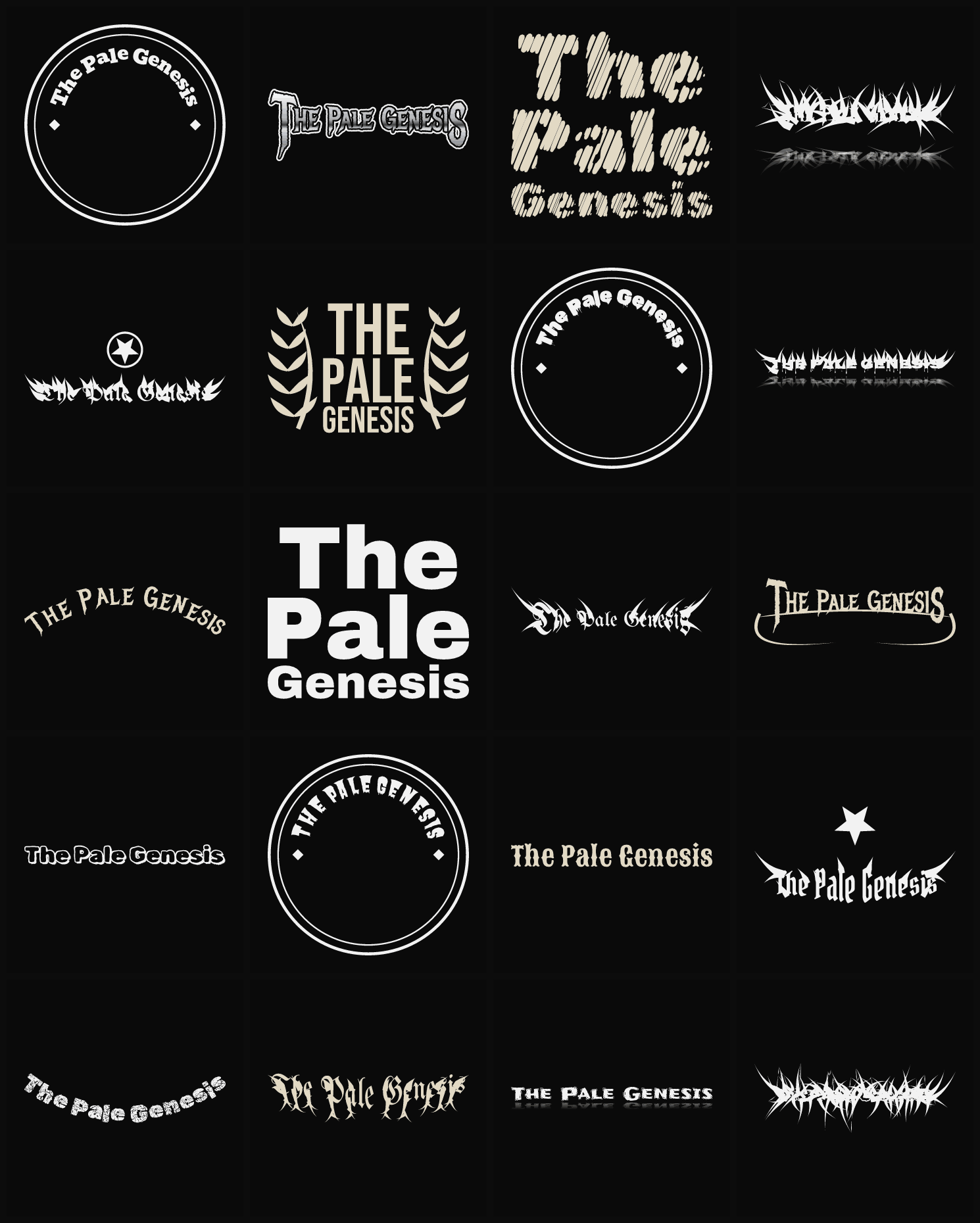 Twenty The Pale Genesis band logo ideas — different faces, treatments and spike settings