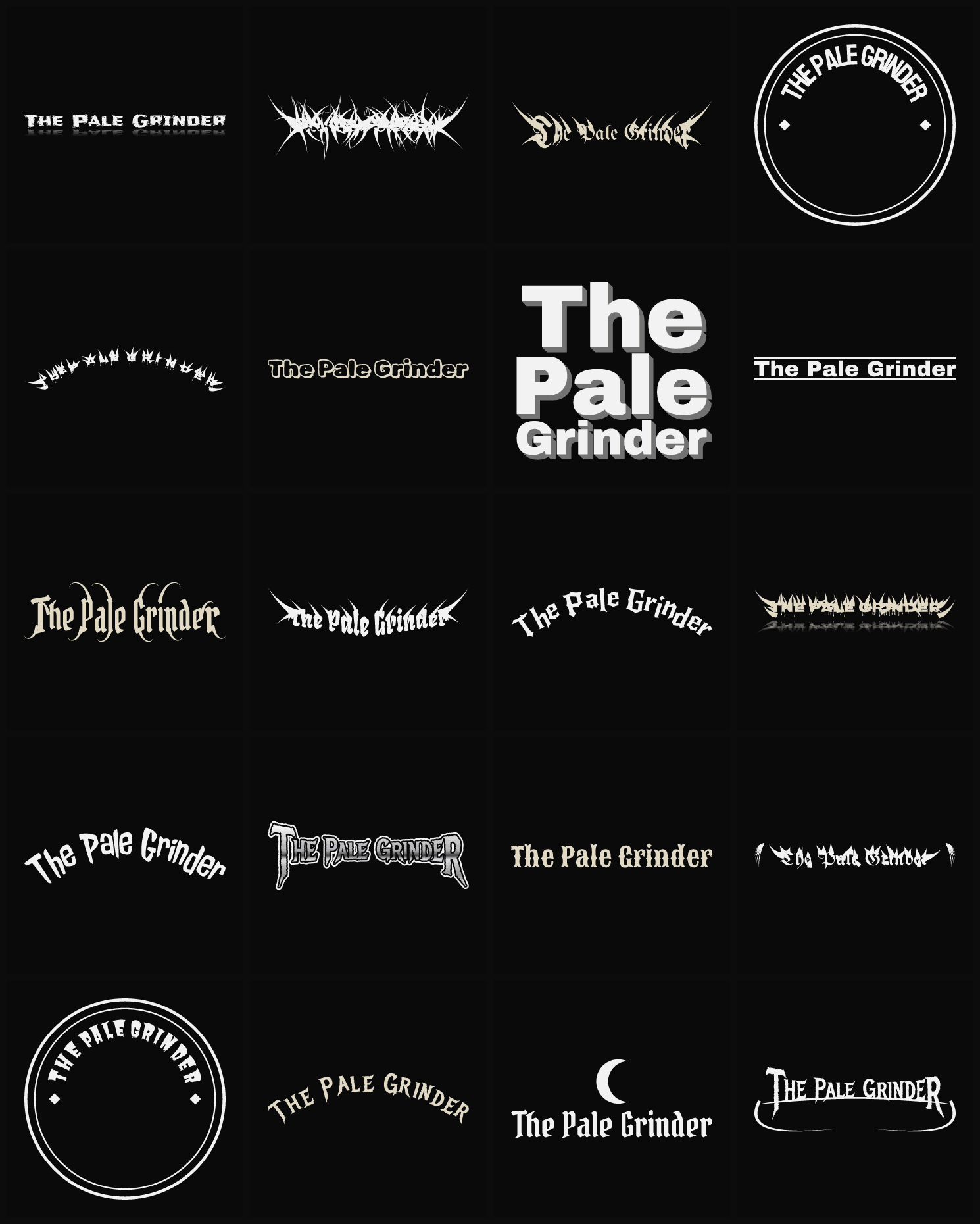 Twenty The Pale Grinder band logo ideas — different faces, treatments and spike settings