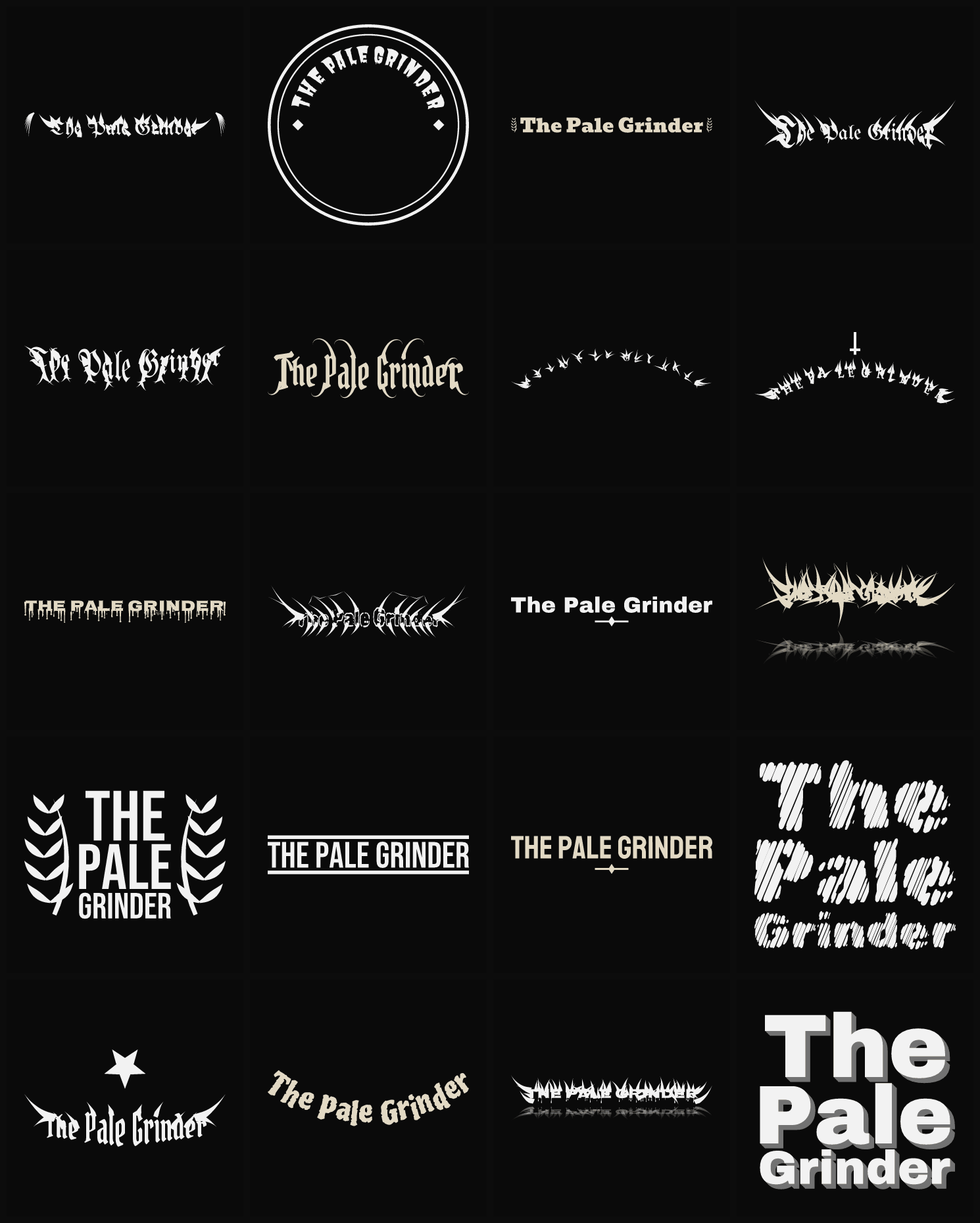 Twenty The Pale Grinder band logo ideas — different faces, treatments and spike settings