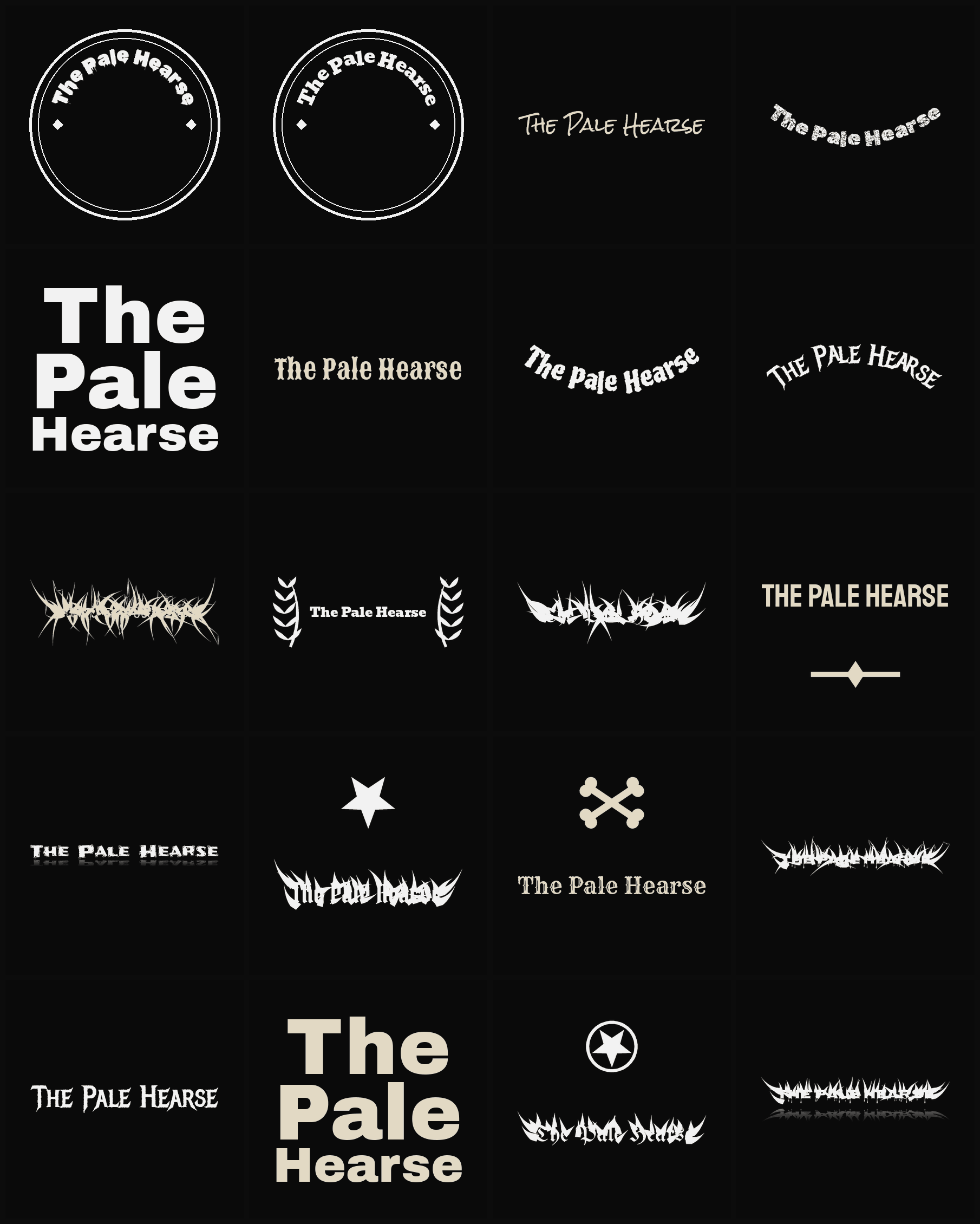 Twenty The Pale Hearse band logo ideas — different faces, treatments and spike settings