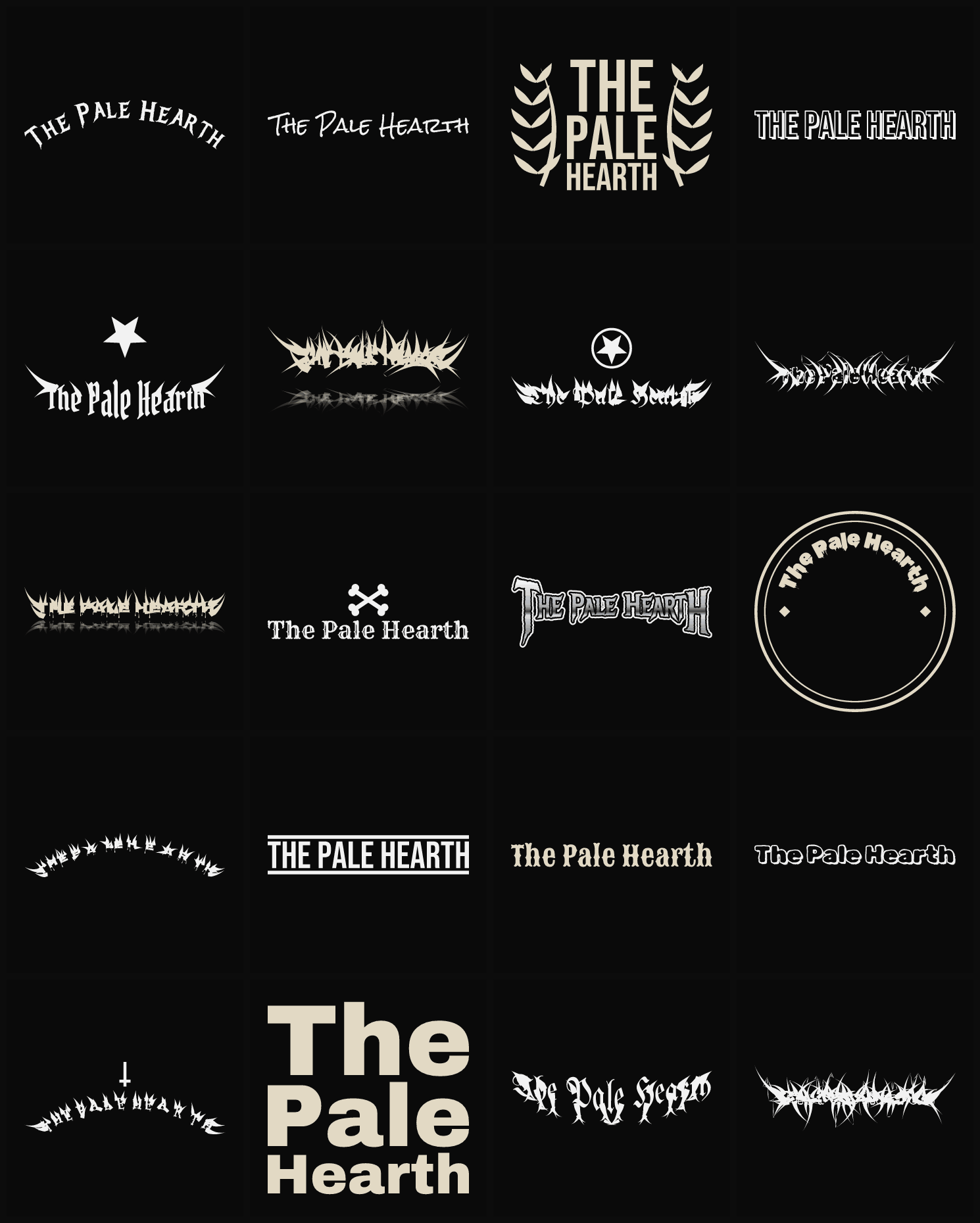 Twenty The Pale Hearth band logo ideas — different faces, treatments and spike settings
