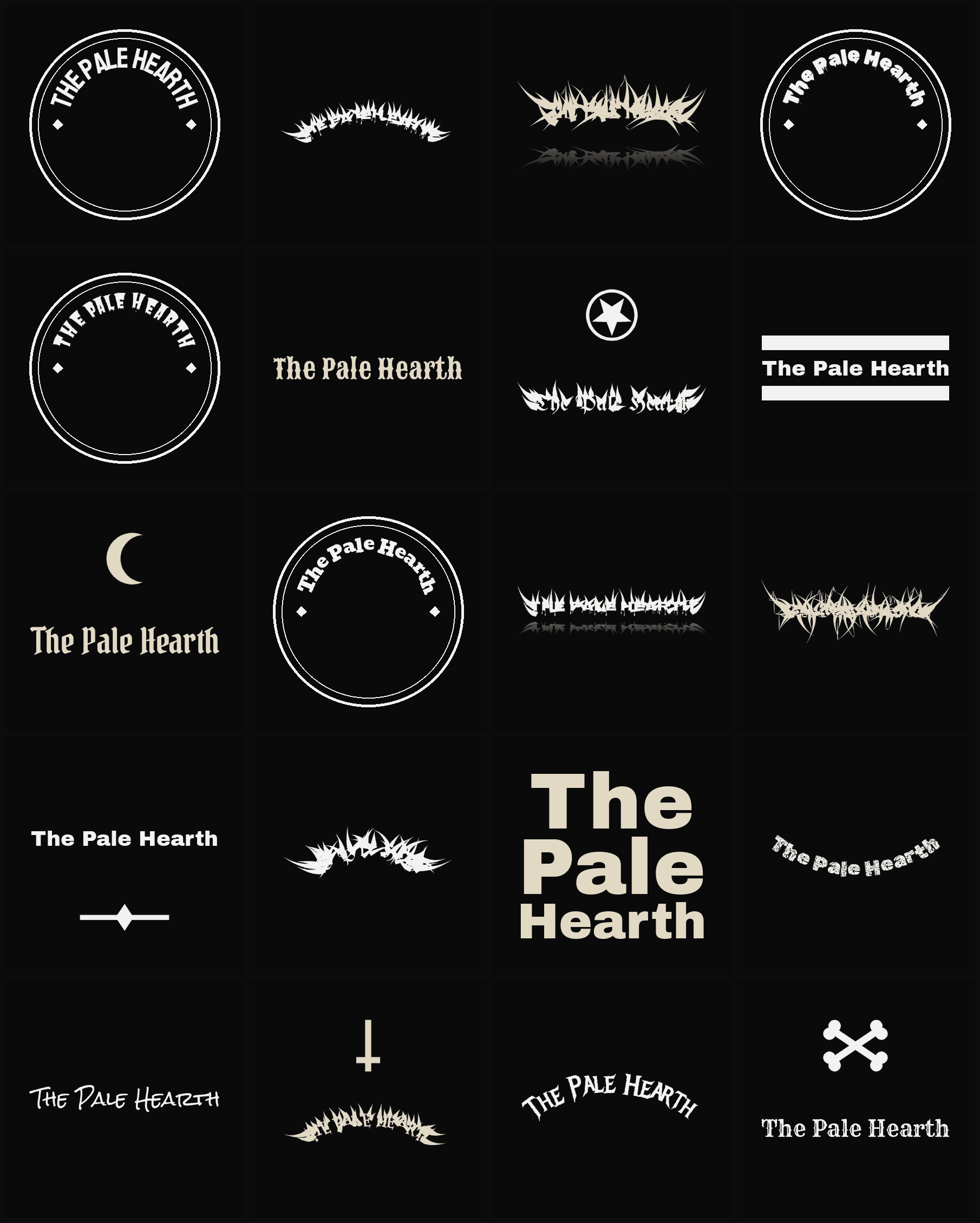 Twenty The Pale Hearth band logo ideas — different faces, treatments and spike settings