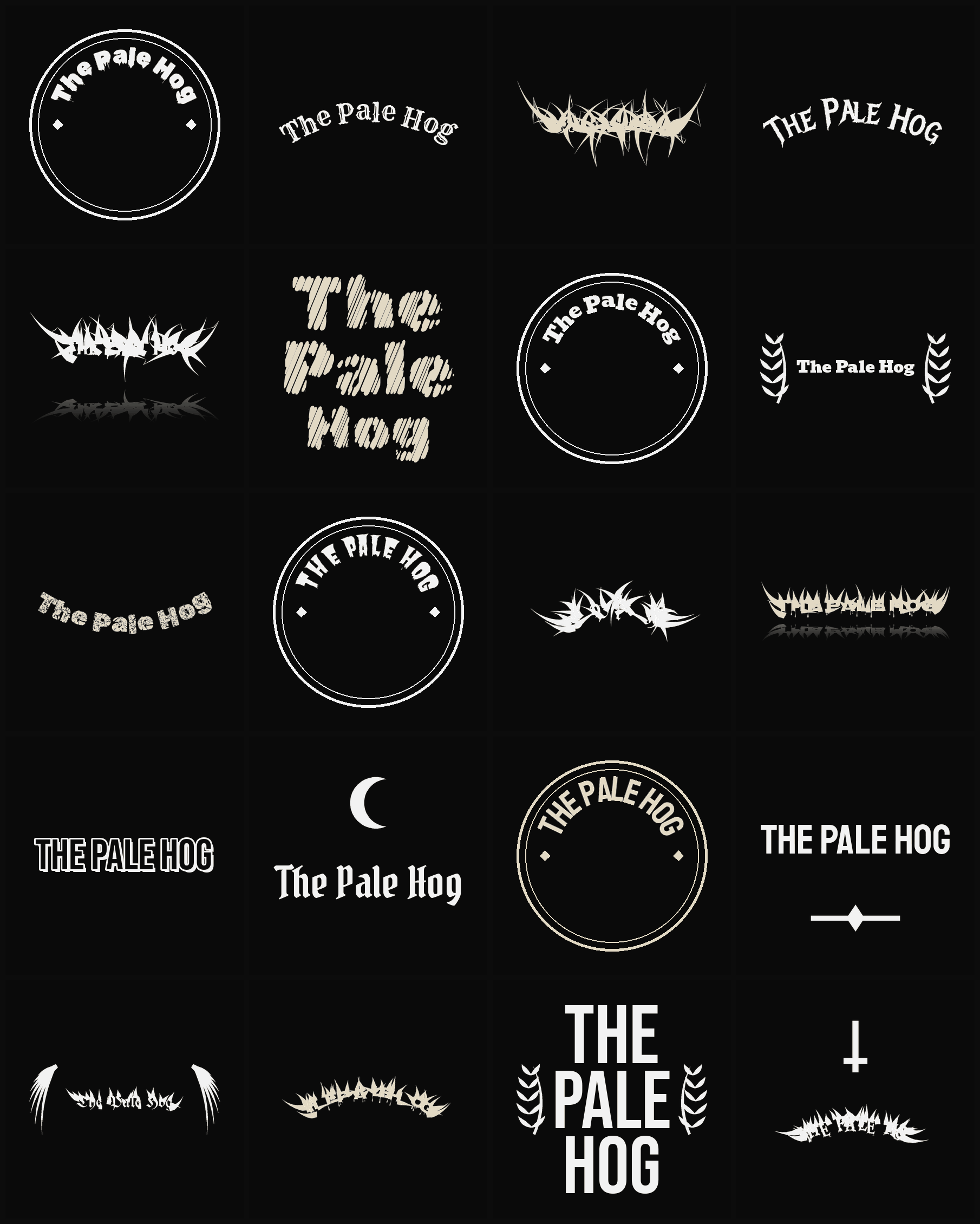 Twenty The Pale Hog band logo ideas — different faces, treatments and spike settings