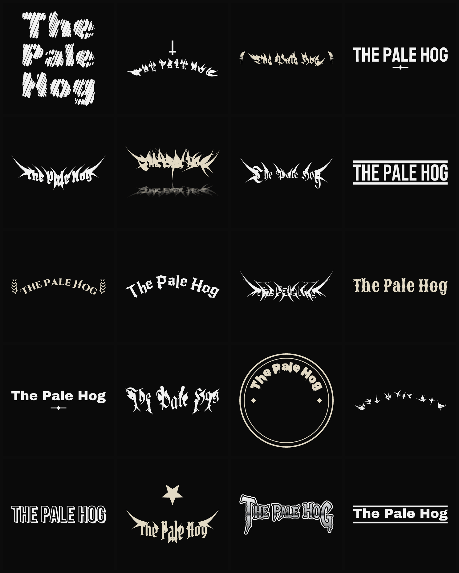 Twenty The Pale Hog band logo ideas — different faces, treatments and spike settings