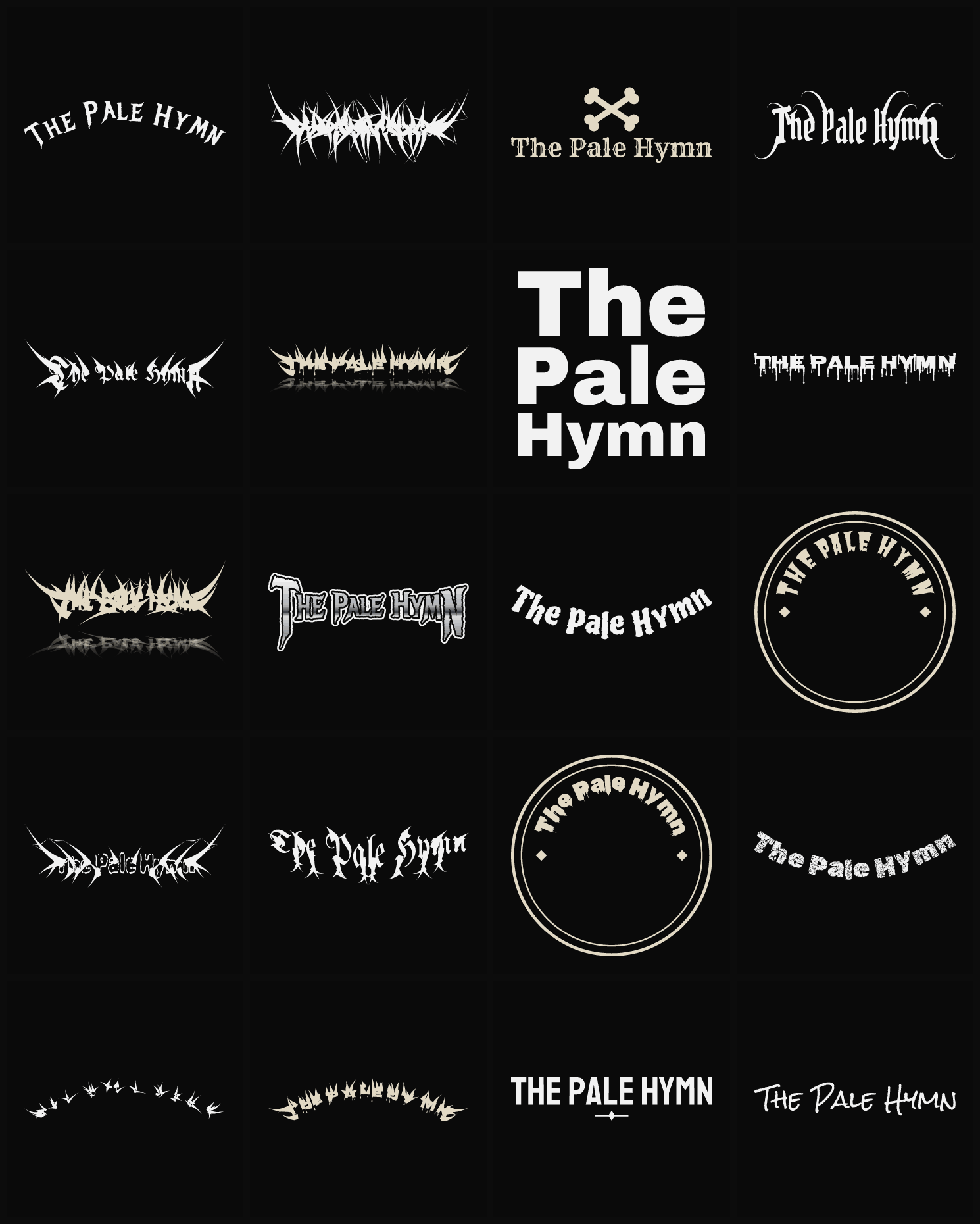 Twenty The Pale Hymn band logo ideas — different faces, treatments and spike settings