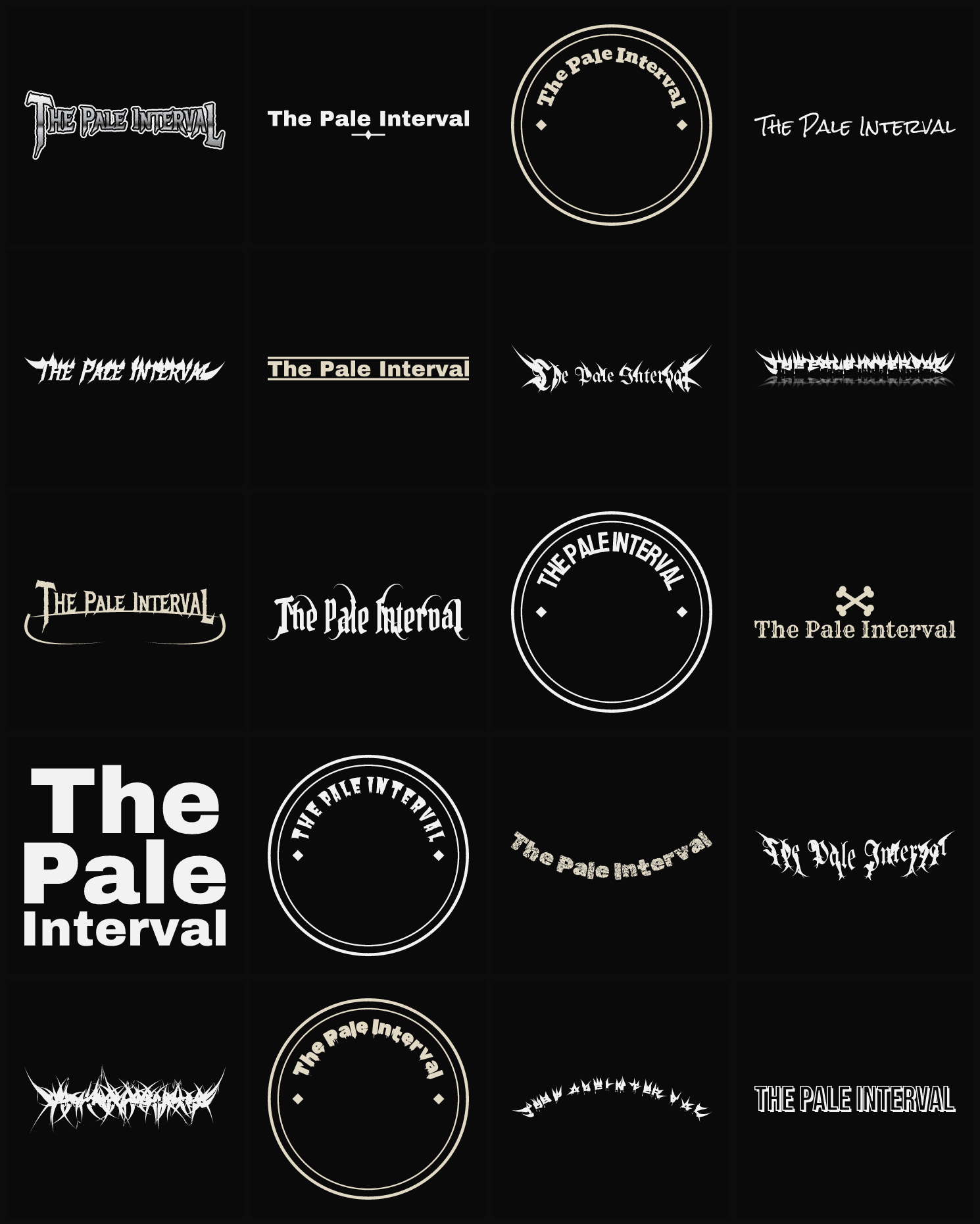 Twenty The Pale Interval band logo ideas — different faces, treatments and spike settings