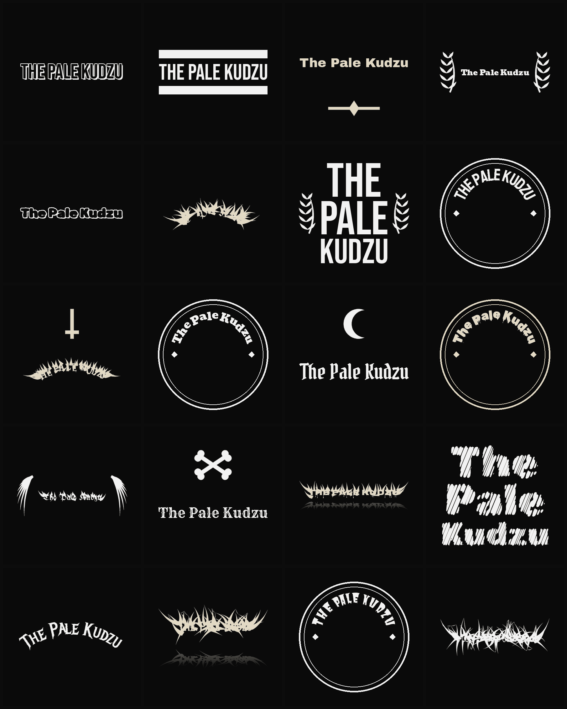 Twenty The Pale Kudzu band logo ideas — different faces, treatments and spike settings