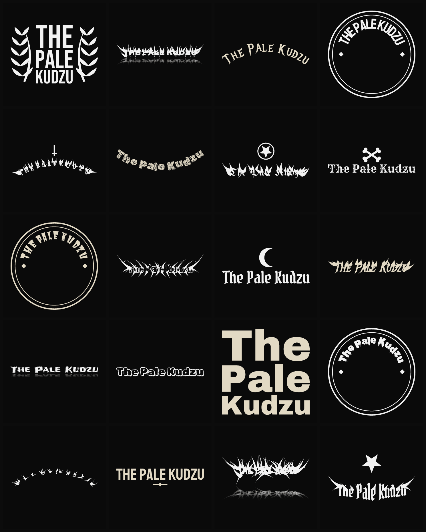 Twenty The Pale Kudzu band logo ideas — different faces, treatments and spike settings