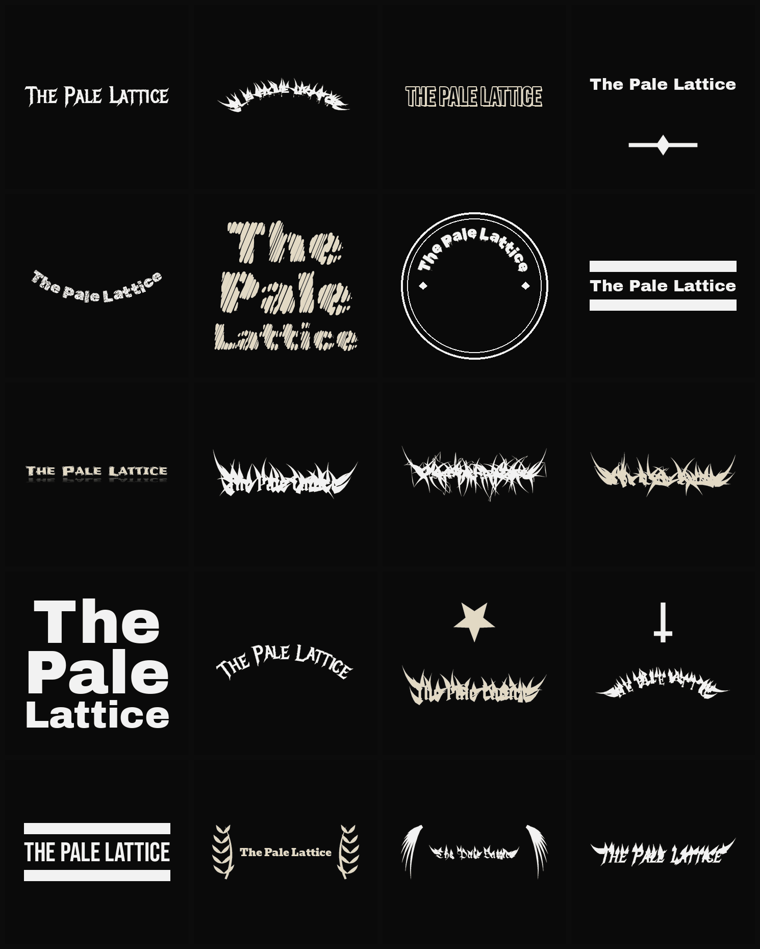 Twenty The Pale Lattice band logo ideas — different faces, treatments and spike settings