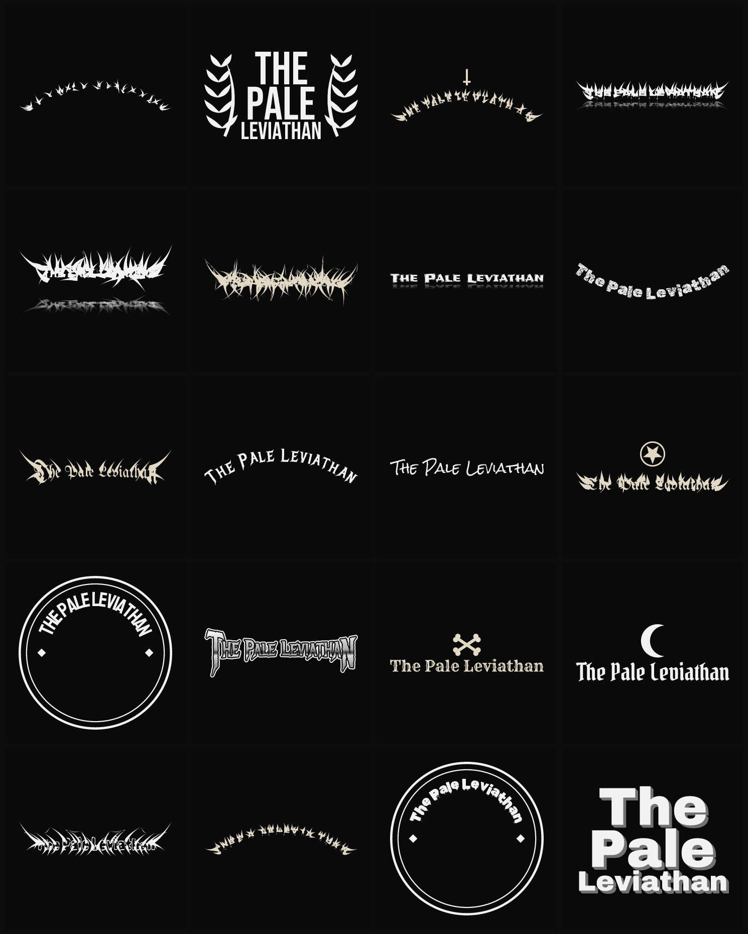 Twenty The Pale Leviathan band logo ideas — different faces, treatments and spike settings