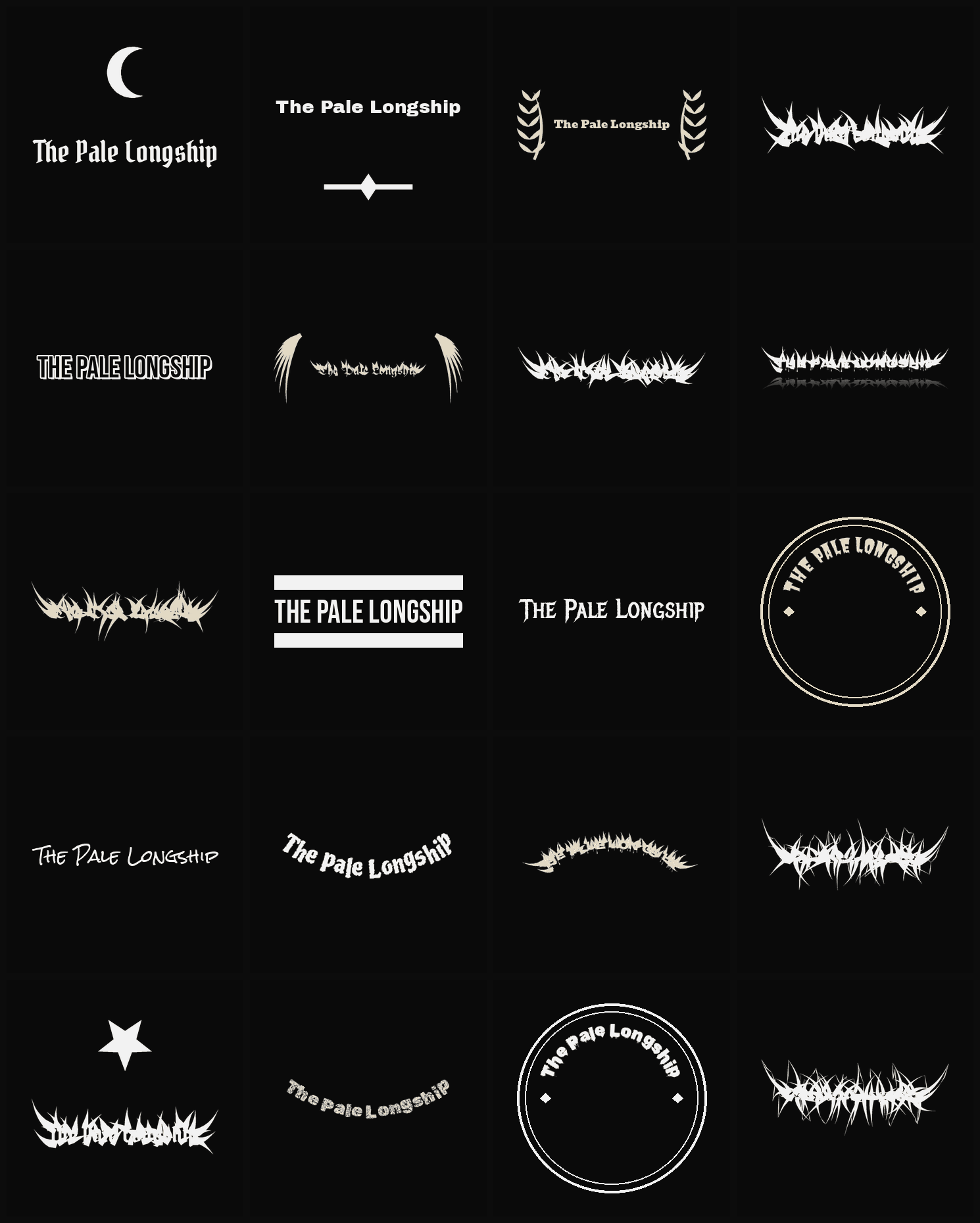 Twenty The Pale Longship band logo ideas — different faces, treatments and spike settings