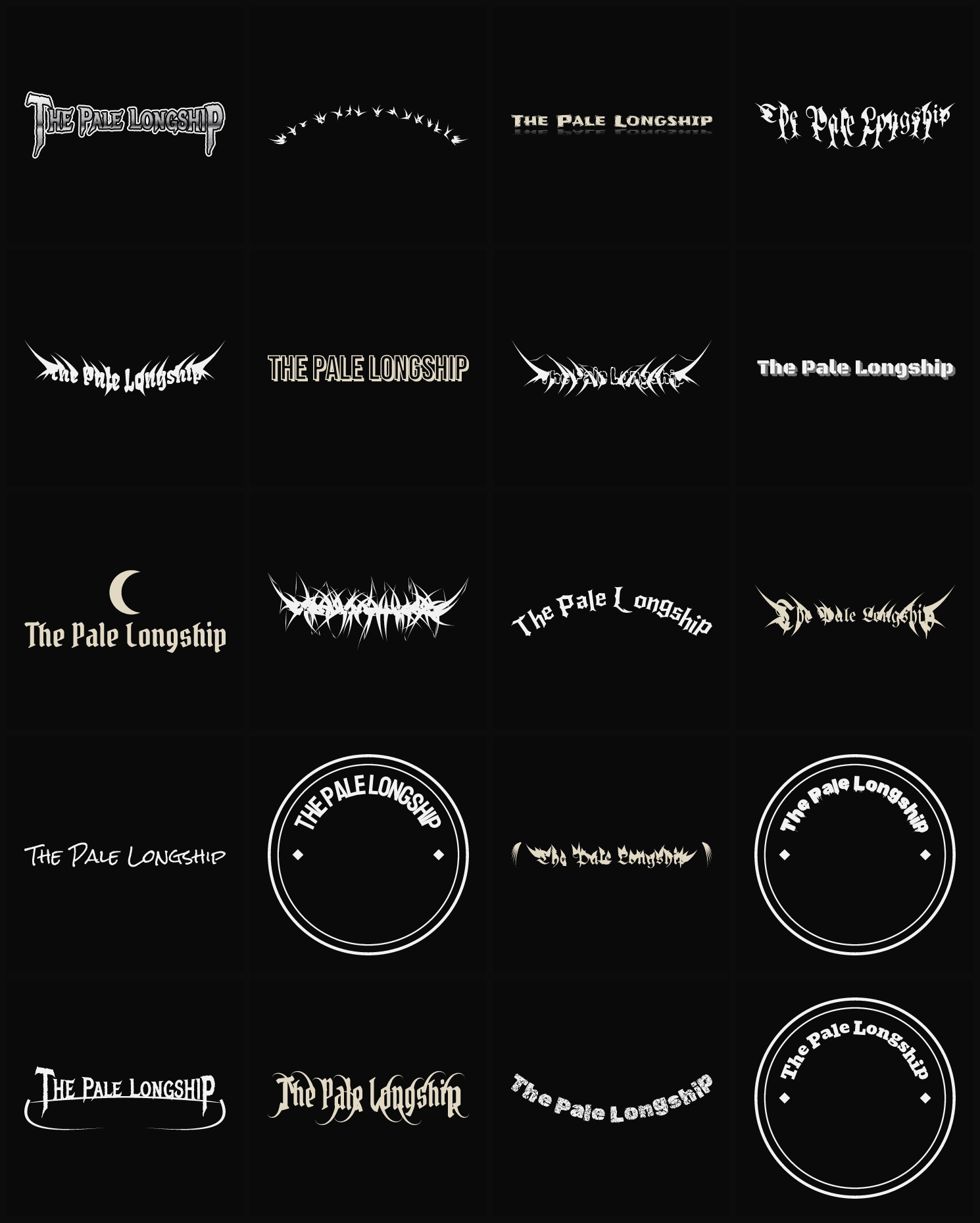Twenty The Pale Longship band logo ideas — different faces, treatments and spike settings