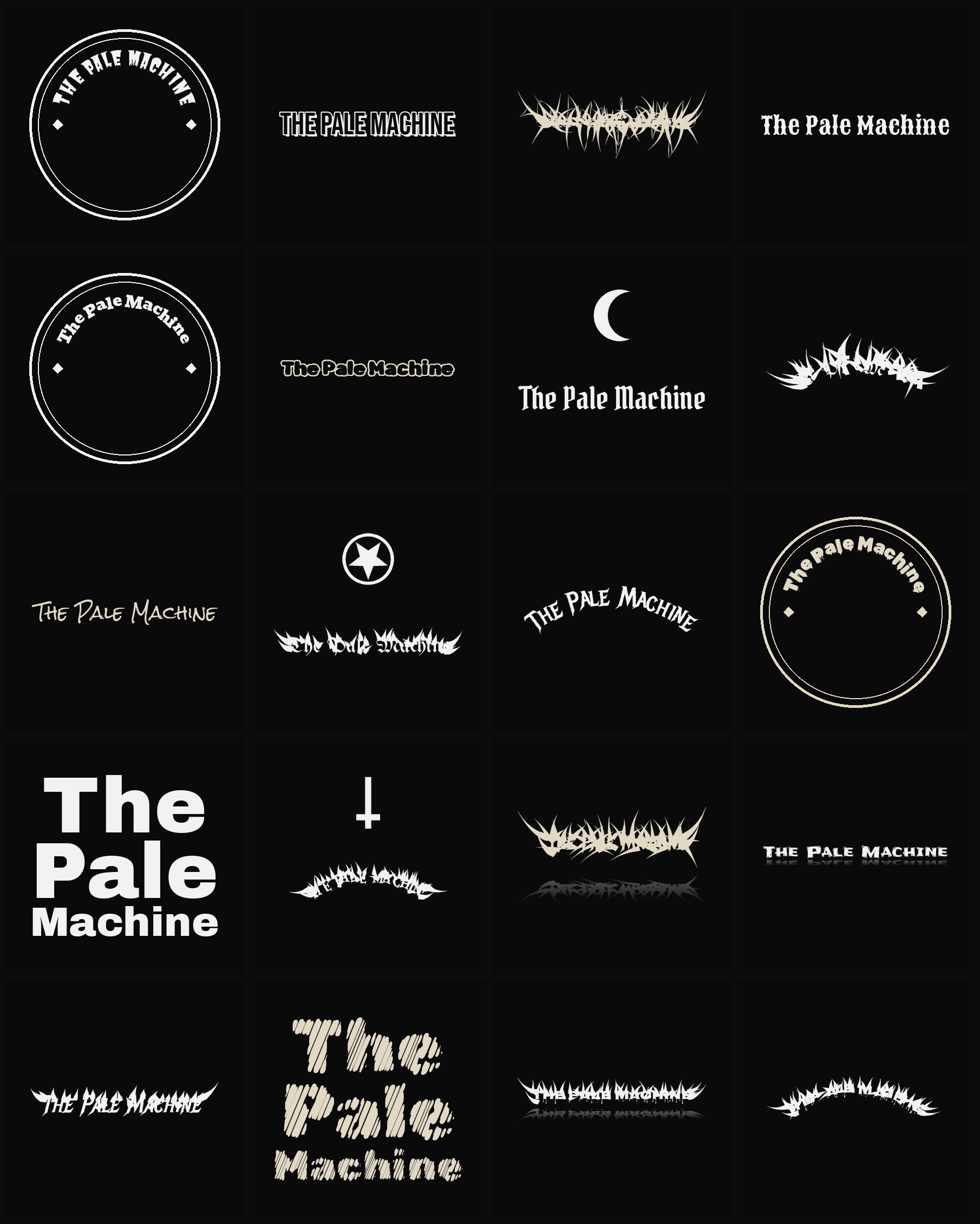 Twenty The Pale Machine band logo ideas — different faces, treatments and spike settings