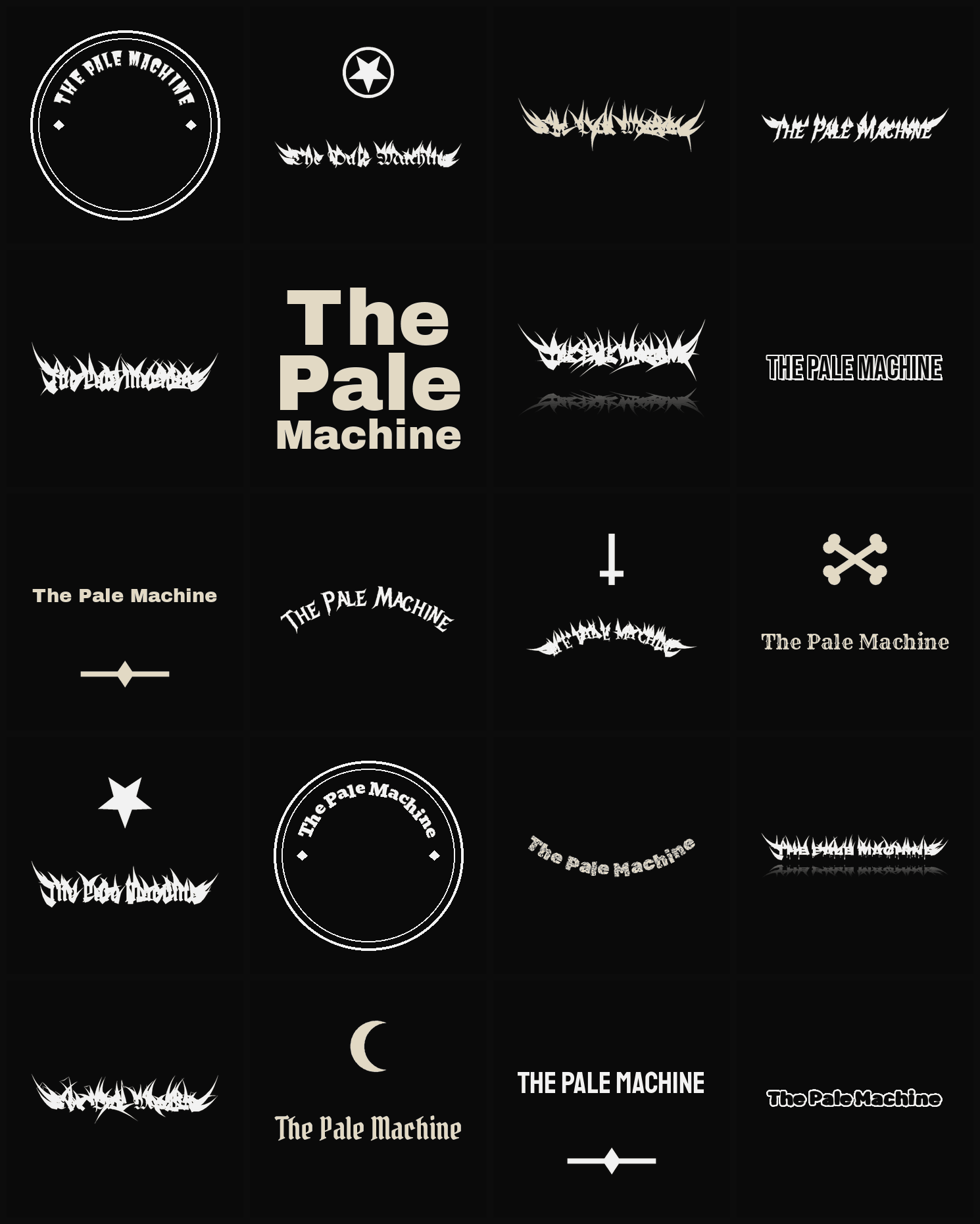 Twenty The Pale Machine band logo ideas — different faces, treatments and spike settings