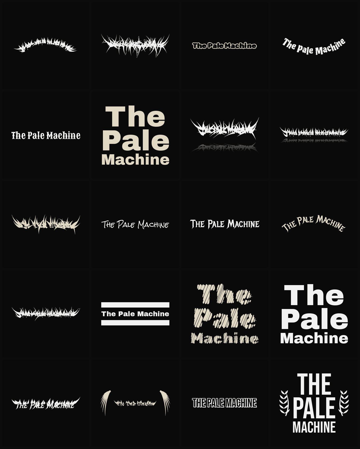 Twenty The Pale Machine band logo ideas — different faces, treatments and spike settings