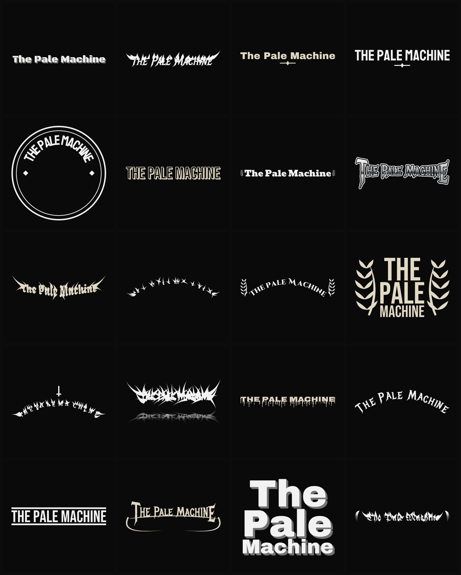 Twenty The Pale Machine band logo ideas — different faces, treatments and spike settings