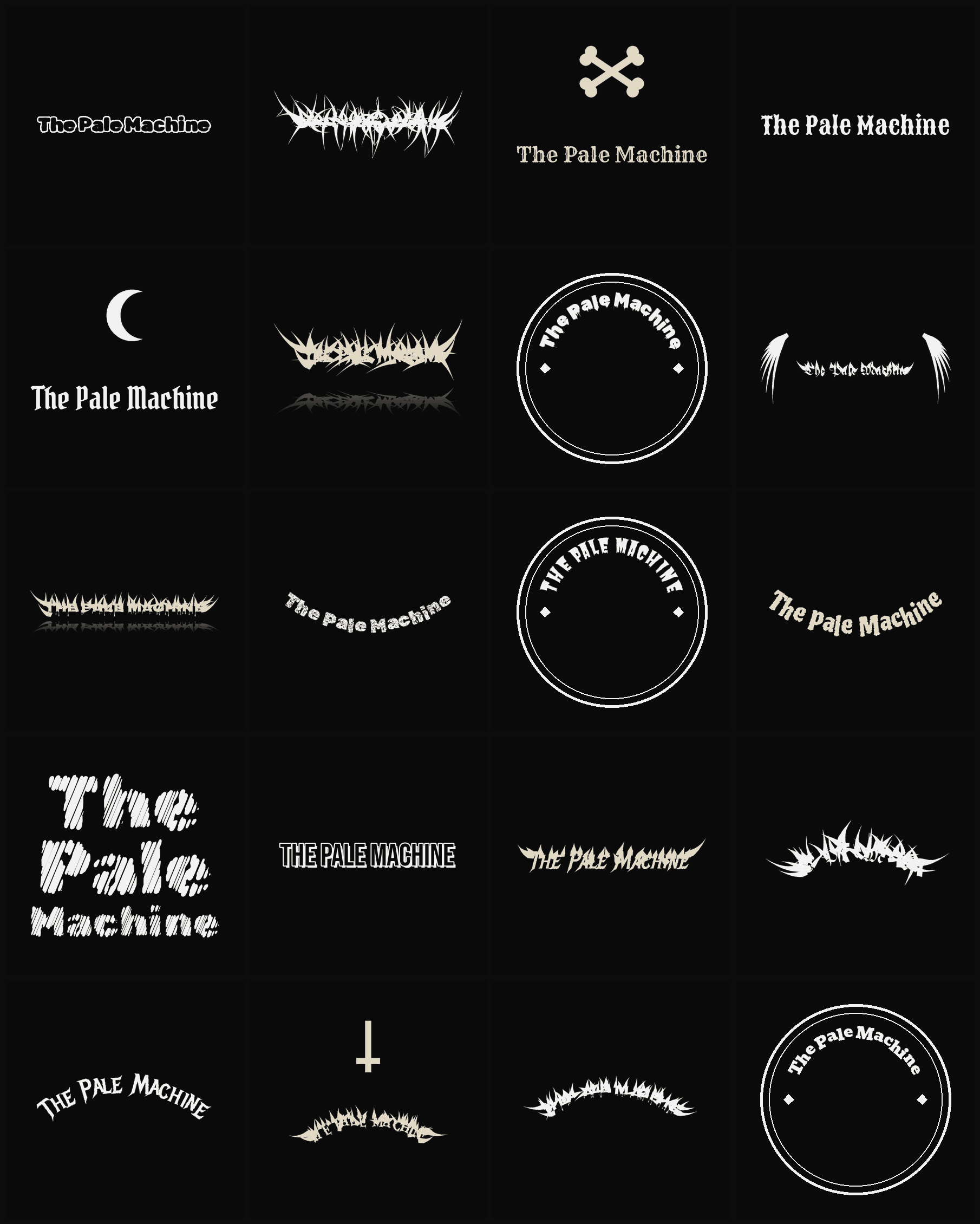 Twenty The Pale Machine band logo ideas — different faces, treatments and spike settings