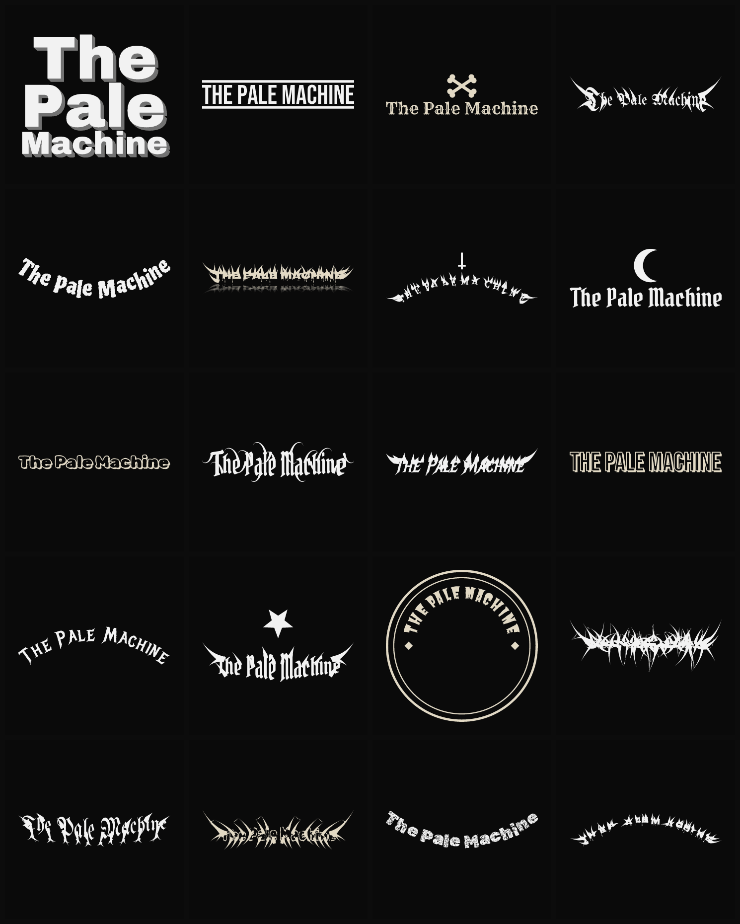 Twenty The Pale Machine band logo ideas — different faces, treatments and spike settings