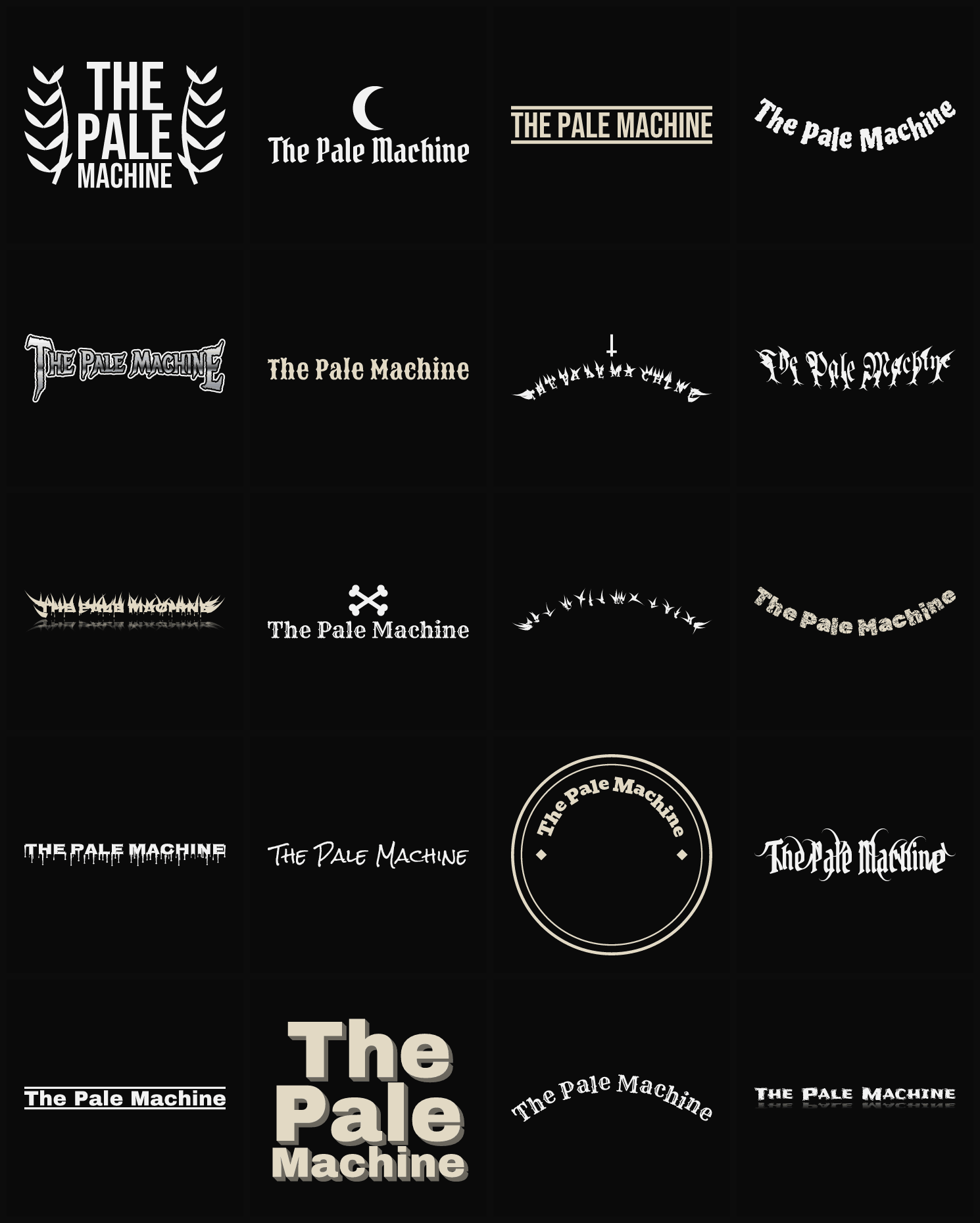 Twenty The Pale Machine band logo ideas — different faces, treatments and spike settings