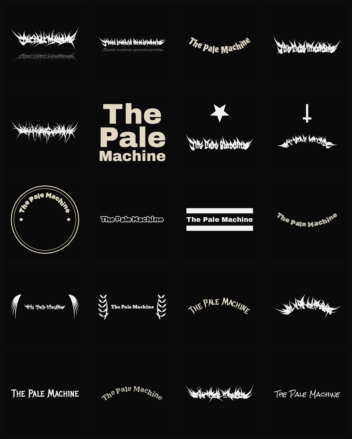 Twenty The Pale Machine band logo ideas — different faces, treatments and spike settings