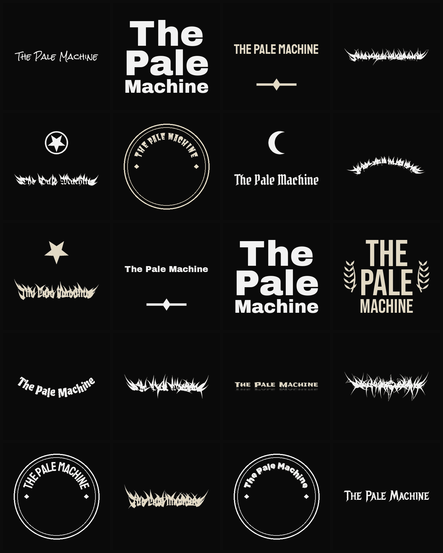 Twenty The Pale Machine band logo ideas — different faces, treatments and spike settings