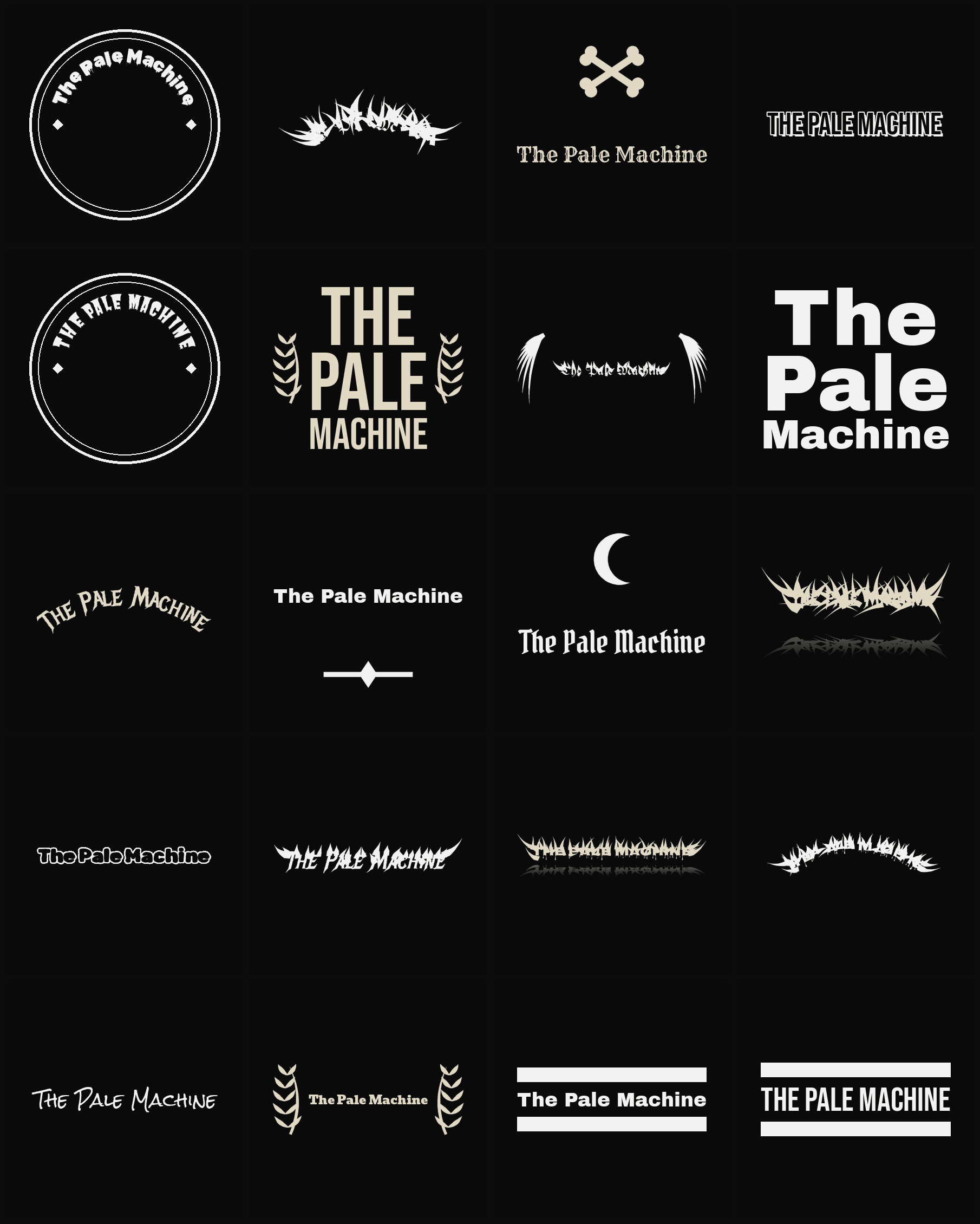 Twenty The Pale Machine band logo ideas — different faces, treatments and spike settings