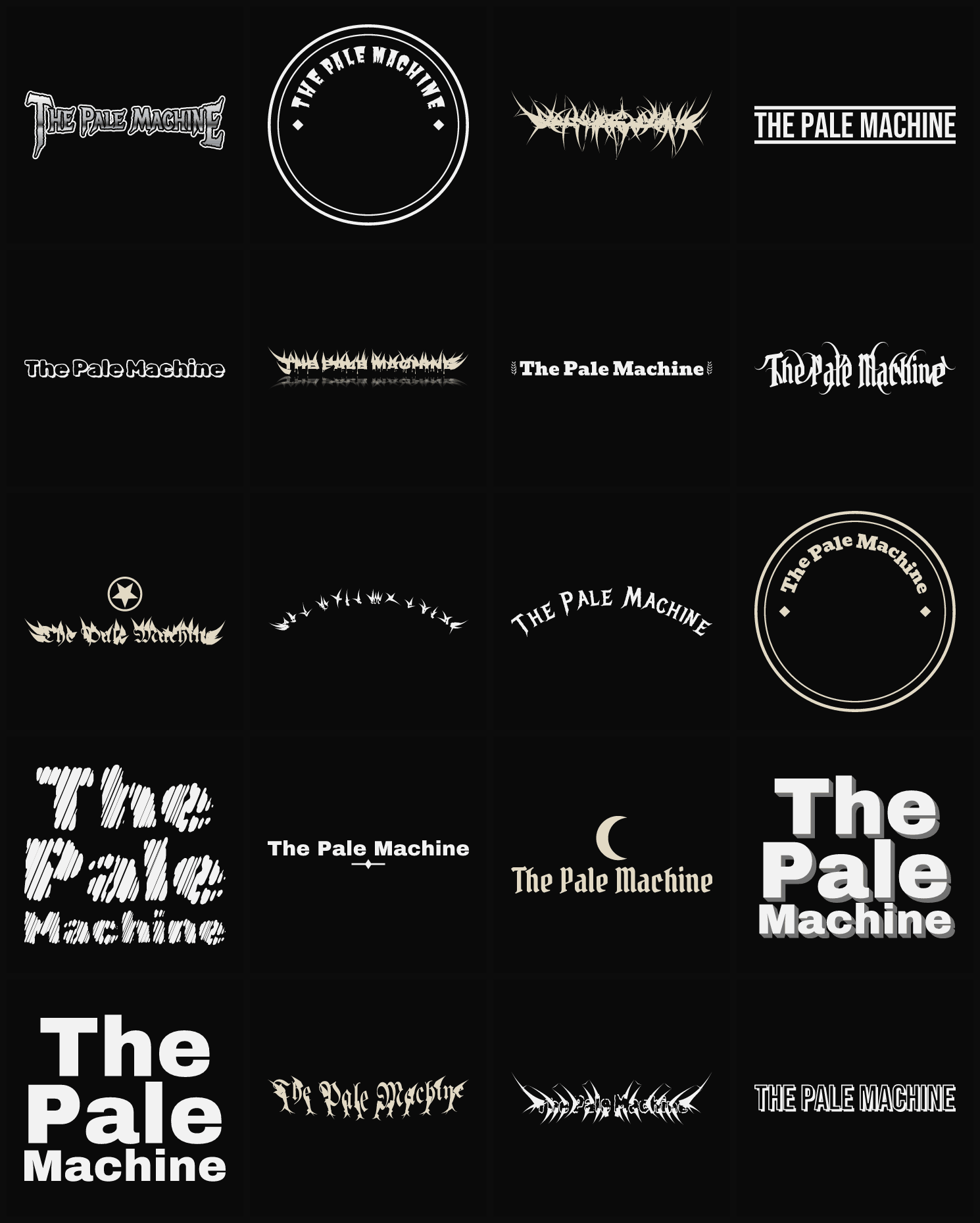 Twenty The Pale Machine band logo ideas — different faces, treatments and spike settings