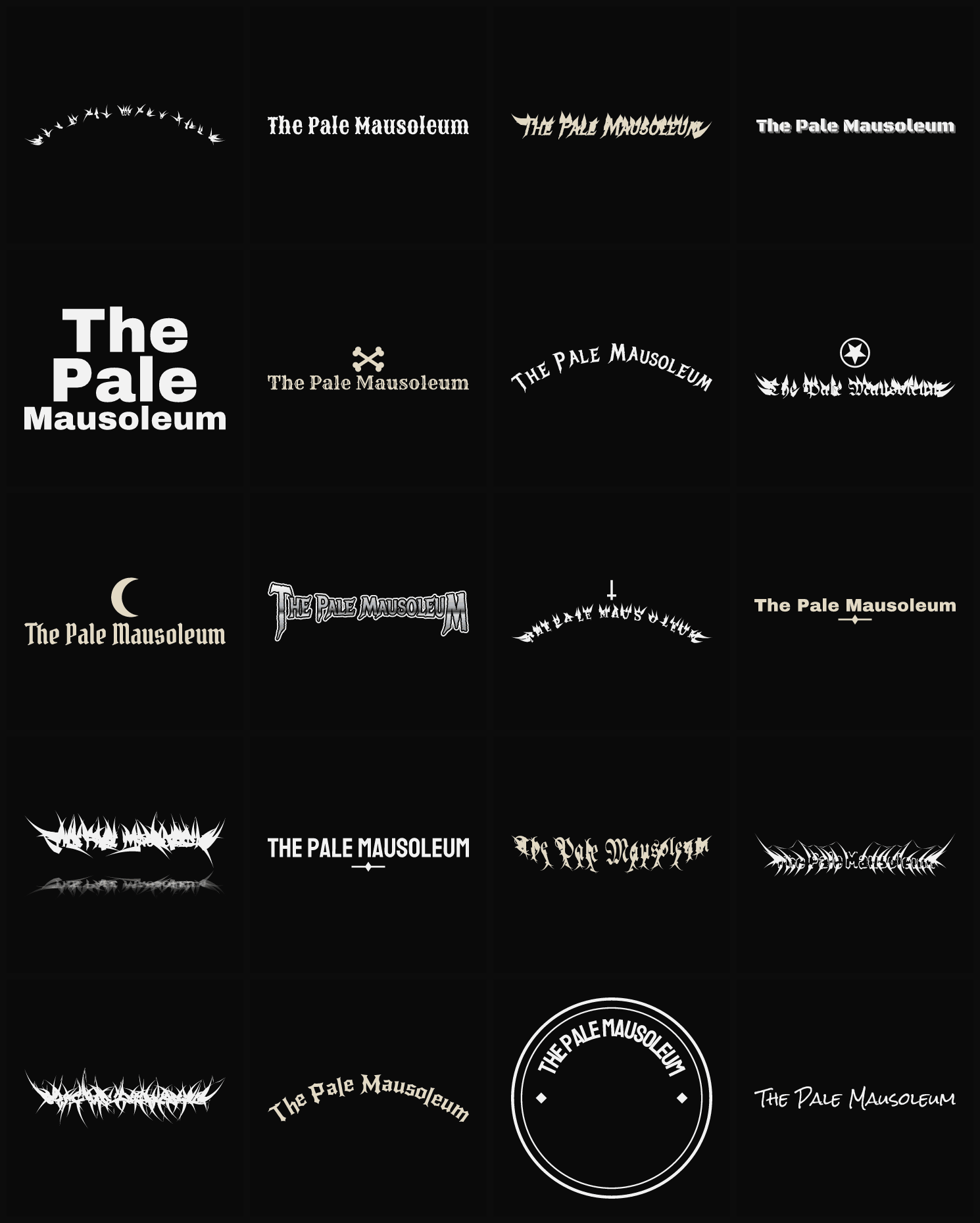 Twenty The Pale Mausoleum band logo ideas — different faces, treatments and spike settings