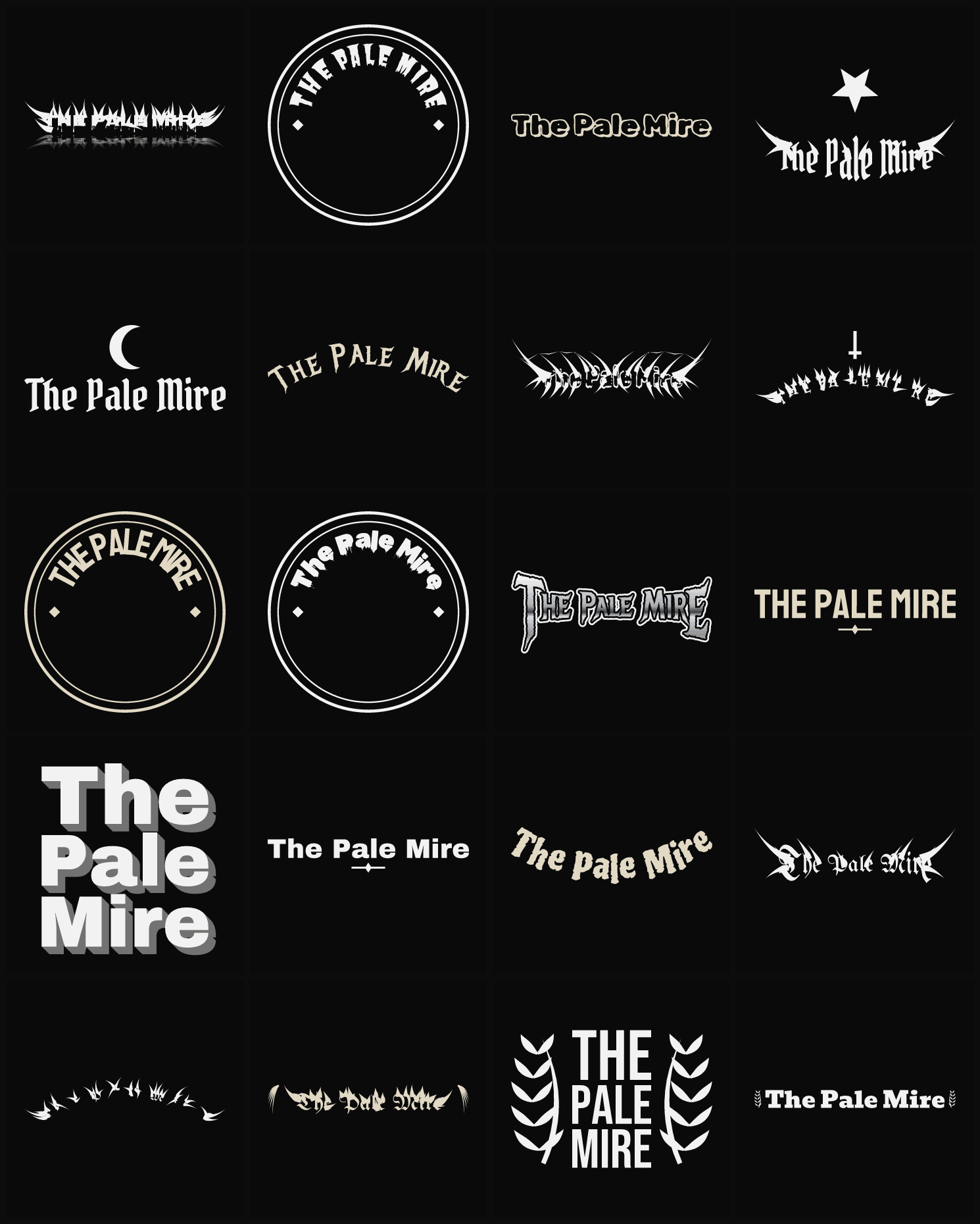 Twenty The Pale Mire band logo ideas — different faces, treatments and spike settings