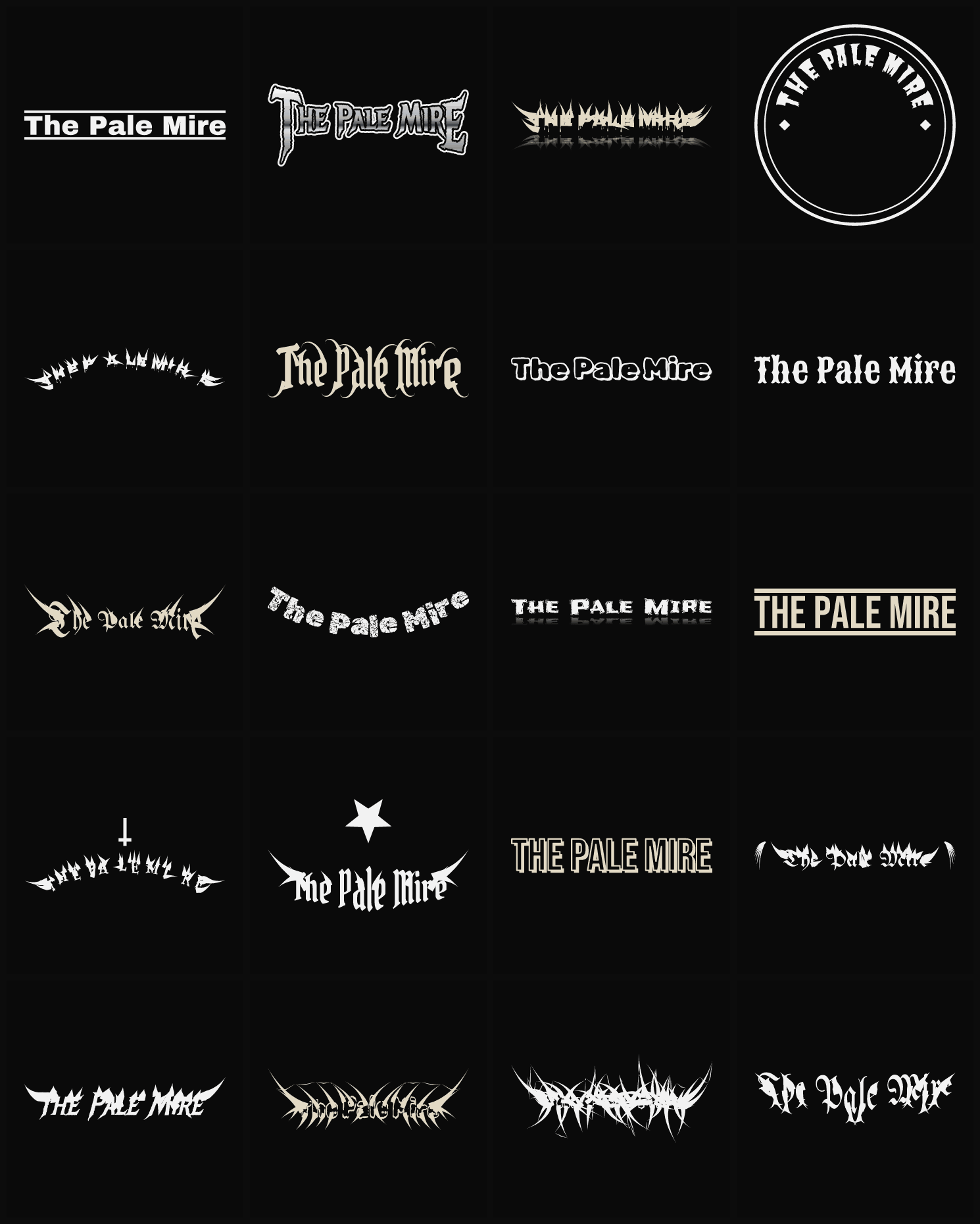 Twenty The Pale Mire band logo ideas — different faces, treatments and spike settings