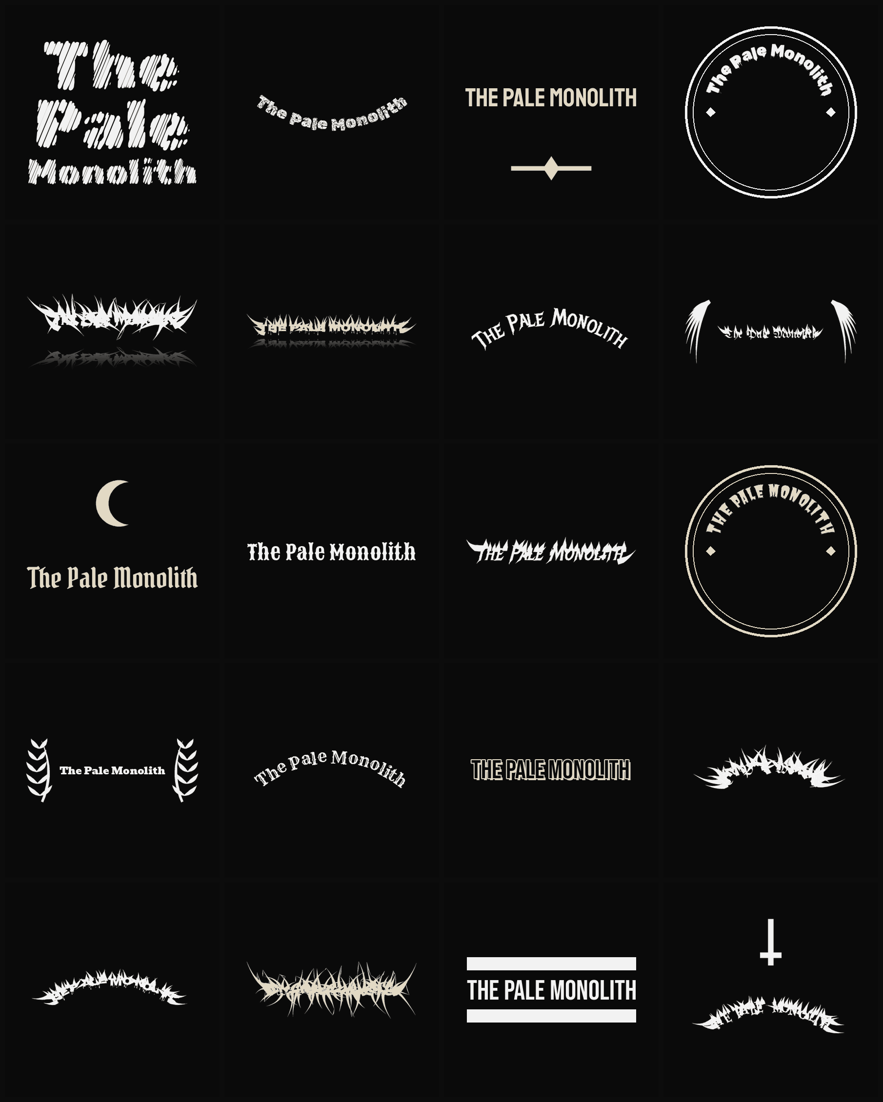 Twenty The Pale Monolith band logo ideas — different faces, treatments and spike settings