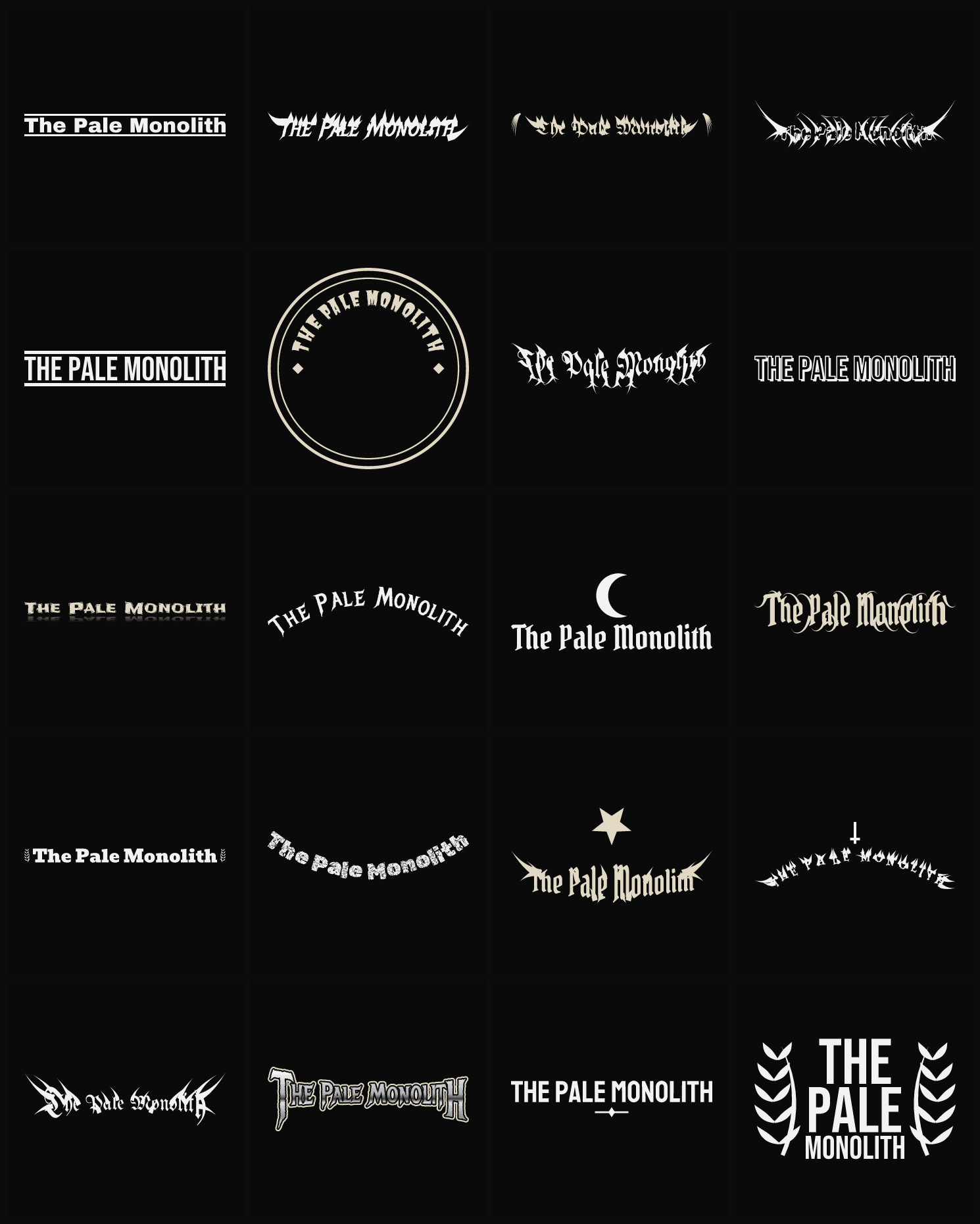 Twenty The Pale Monolith band logo ideas — different faces, treatments and spike settings