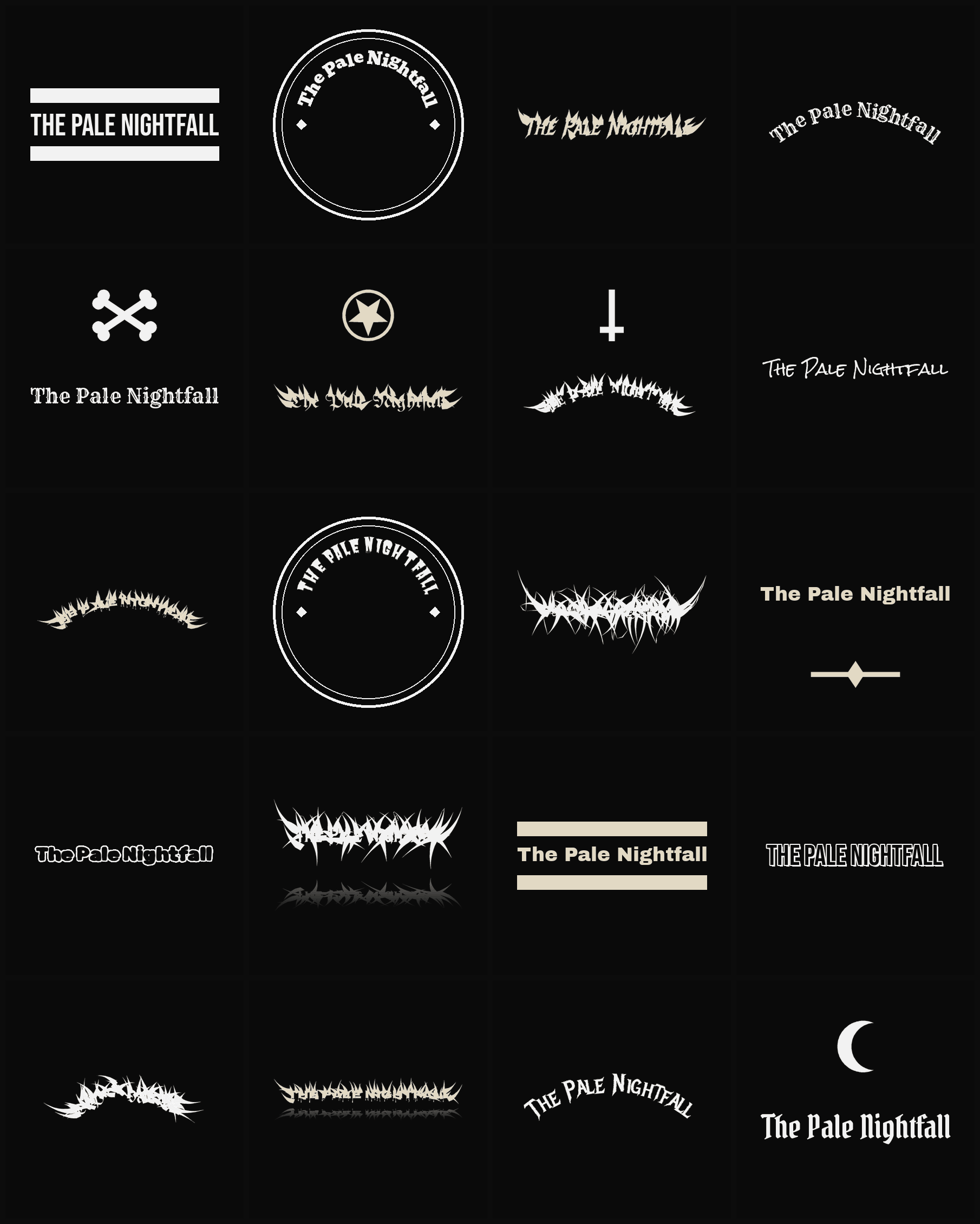 Twenty The Pale Nightfall band logo ideas — different faces, treatments and spike settings
