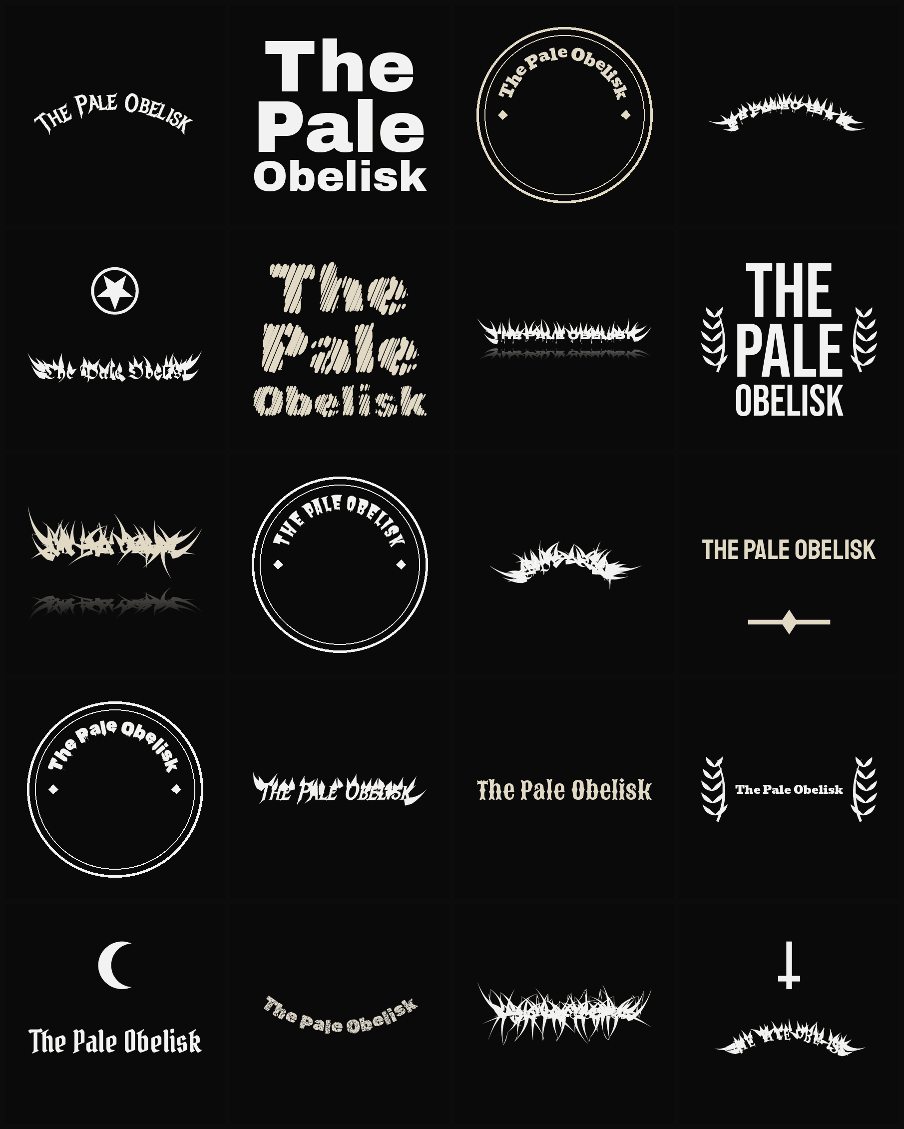 Twenty The Pale Obelisk band logo ideas — different faces, treatments and spike settings