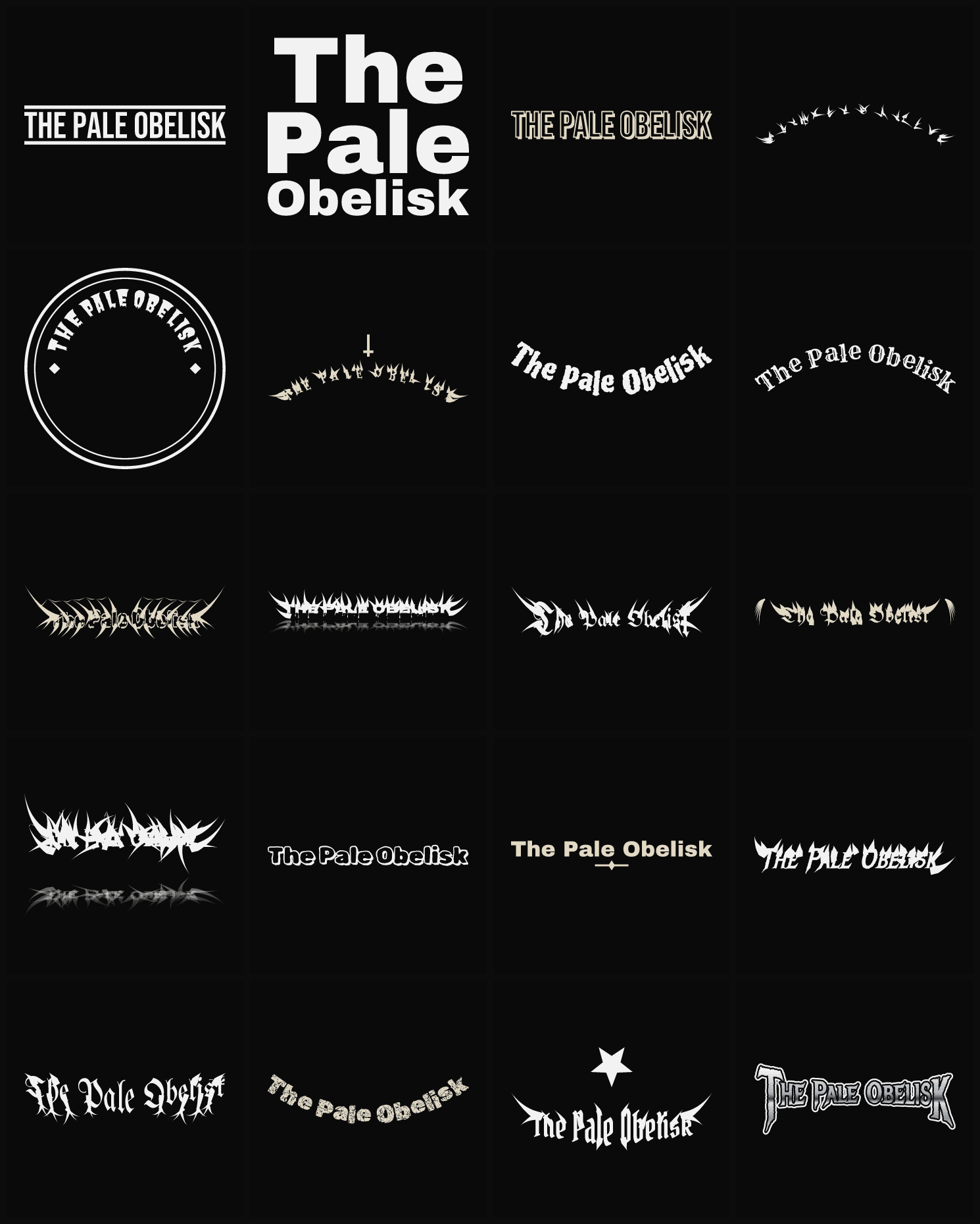 Twenty The Pale Obelisk band logo ideas — different faces, treatments and spike settings