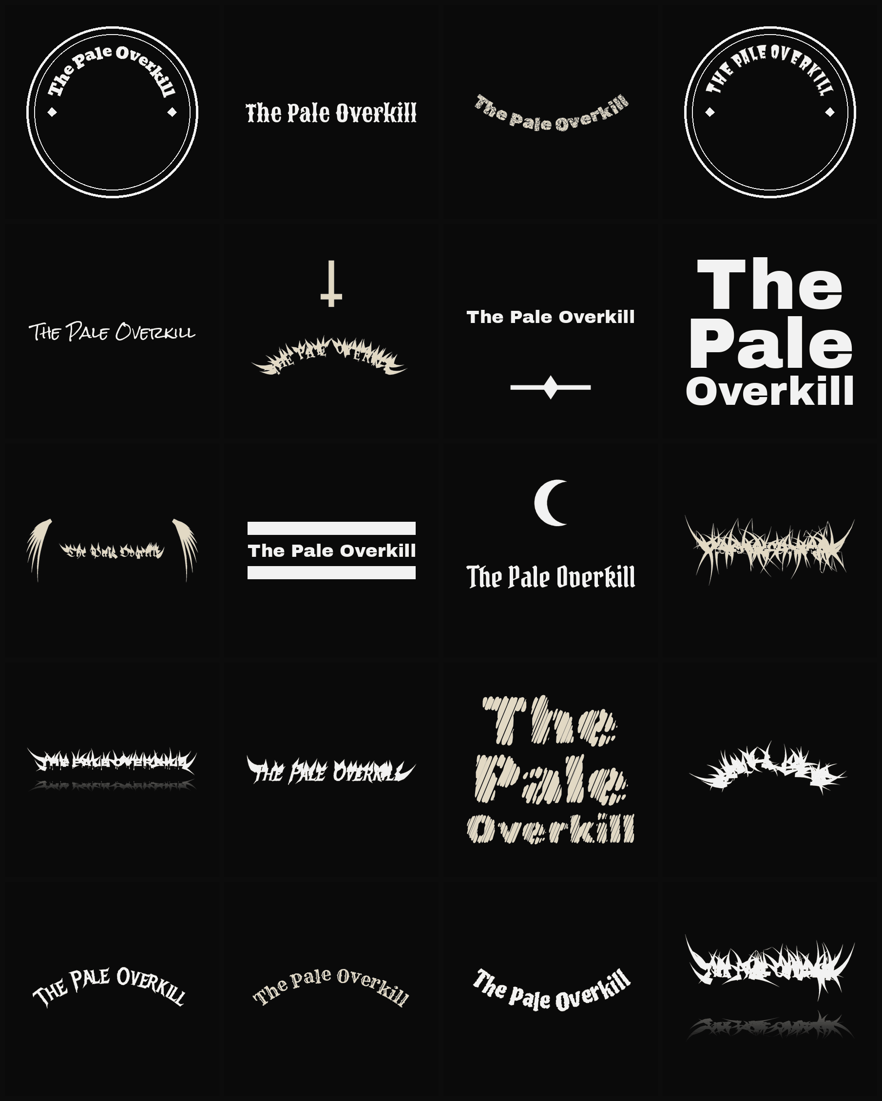 Twenty The Pale Overkill band logo ideas — different faces, treatments and spike settings