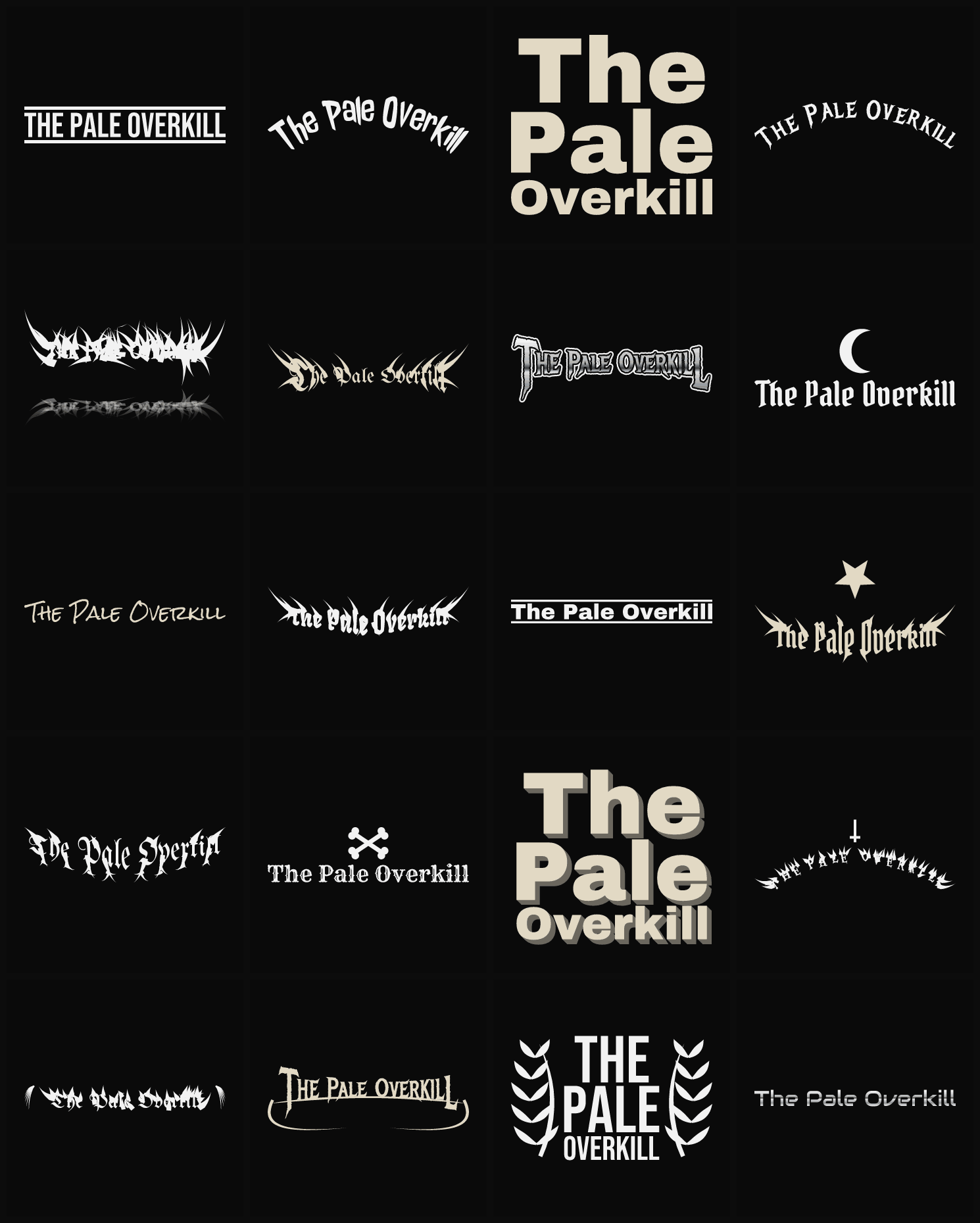 Twenty The Pale Overkill band logo ideas — different faces, treatments and spike settings