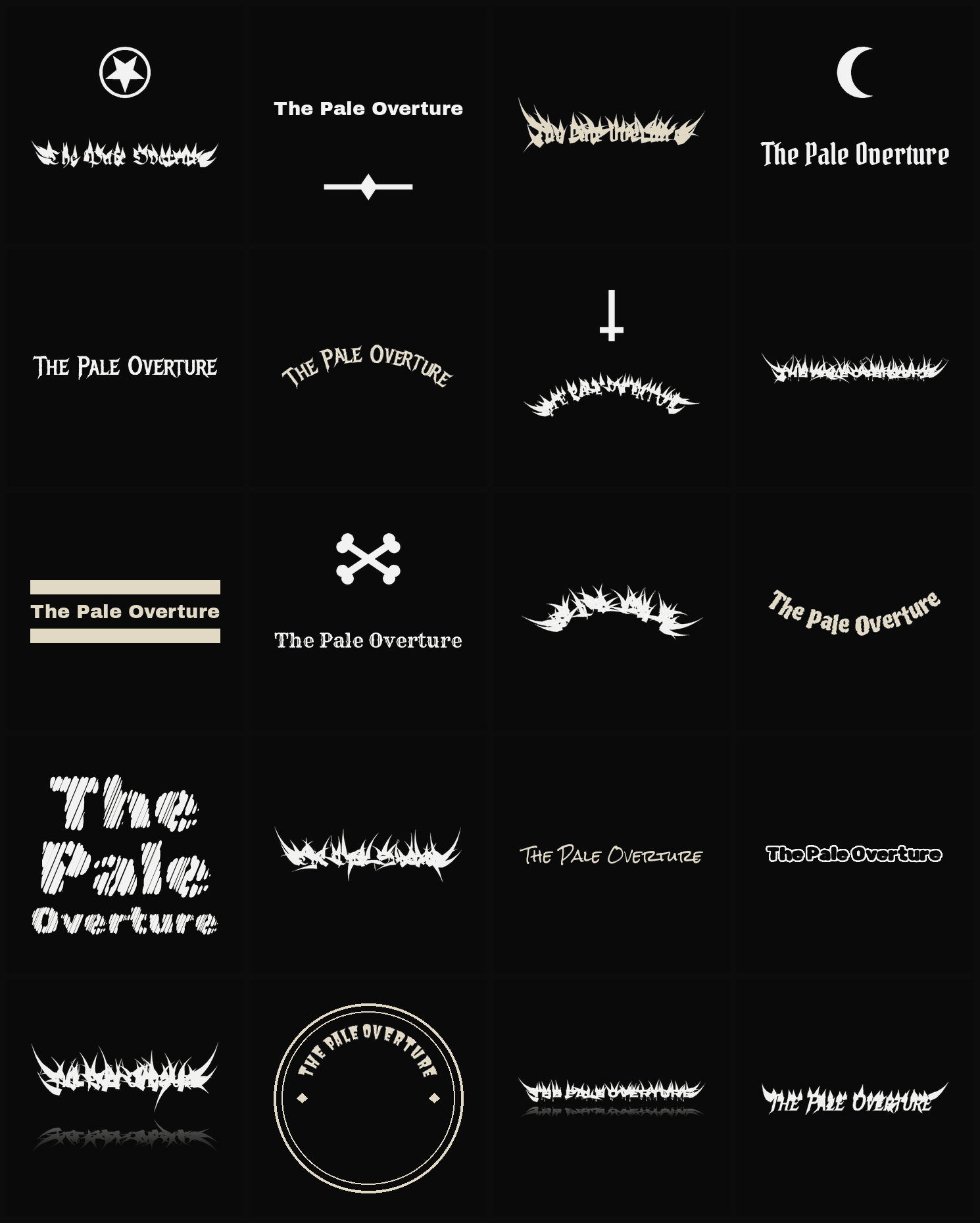 Twenty The Pale Overture band logo ideas — different faces, treatments and spike settings